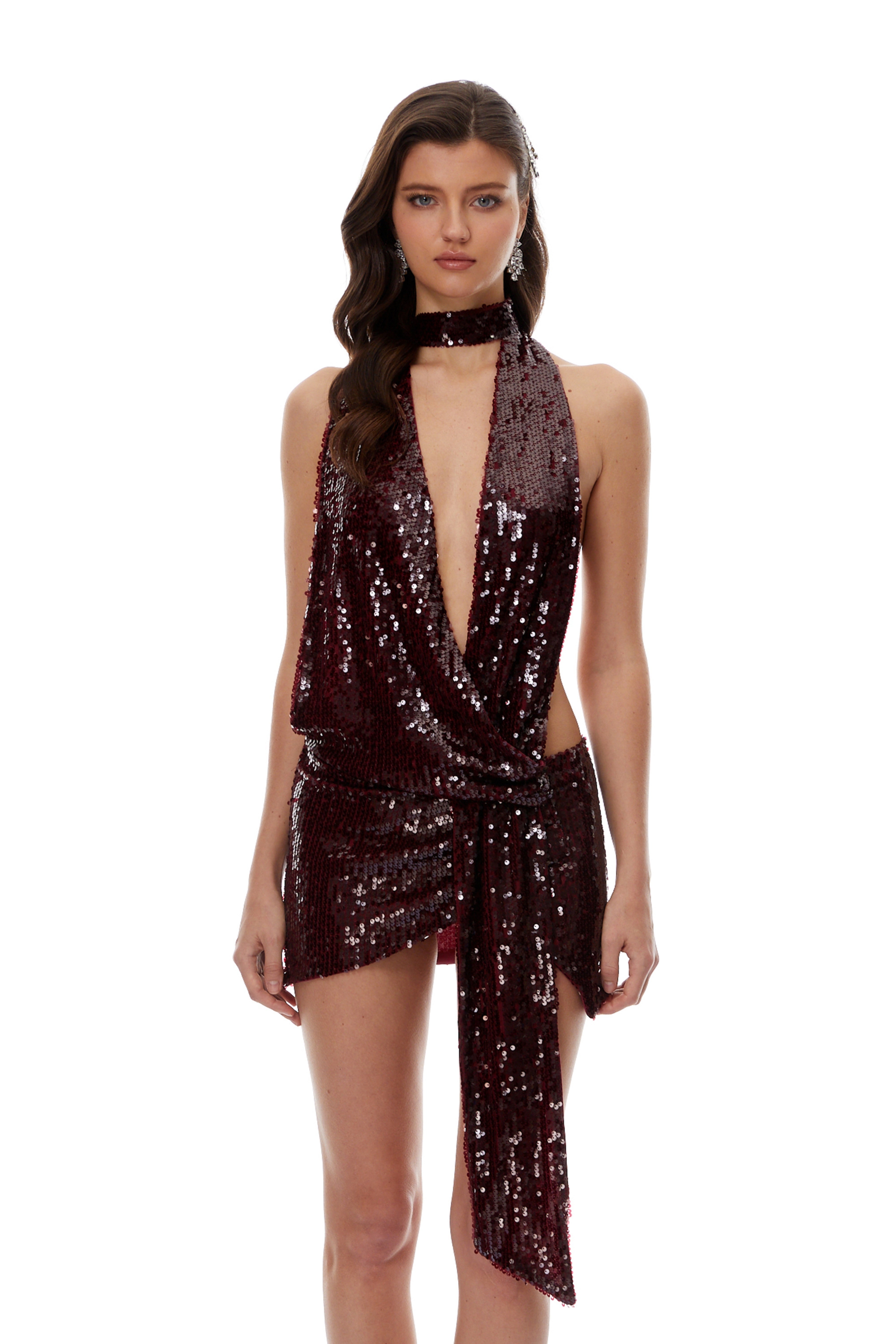 Frida Burgundy Deep V-Neck Sequin Mini Dress