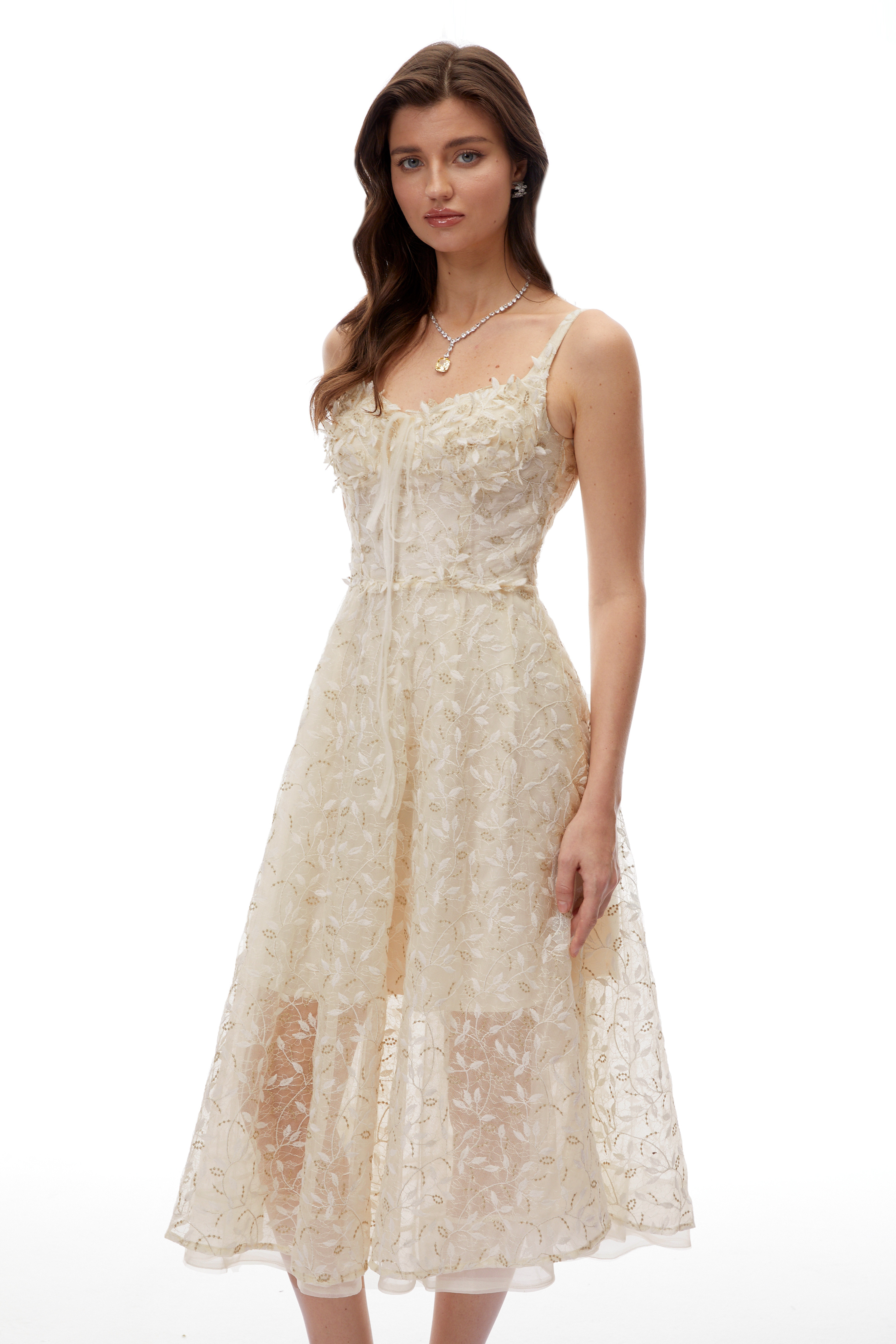 Gabriella Champagne Tulle Maxi Dress with 3D Petals