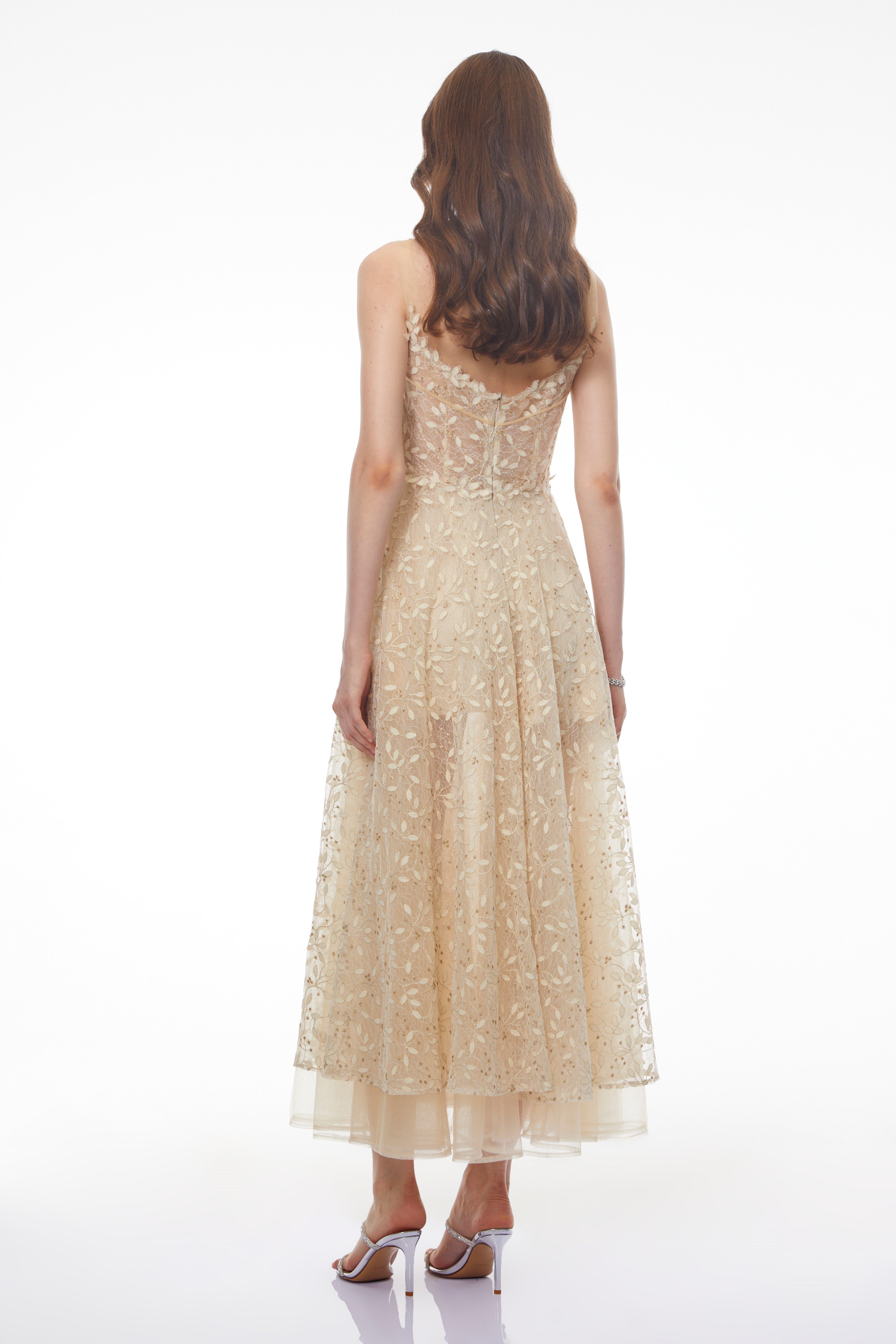 Gabriella Champagne Tulle Maxi Dress with 3D Petals