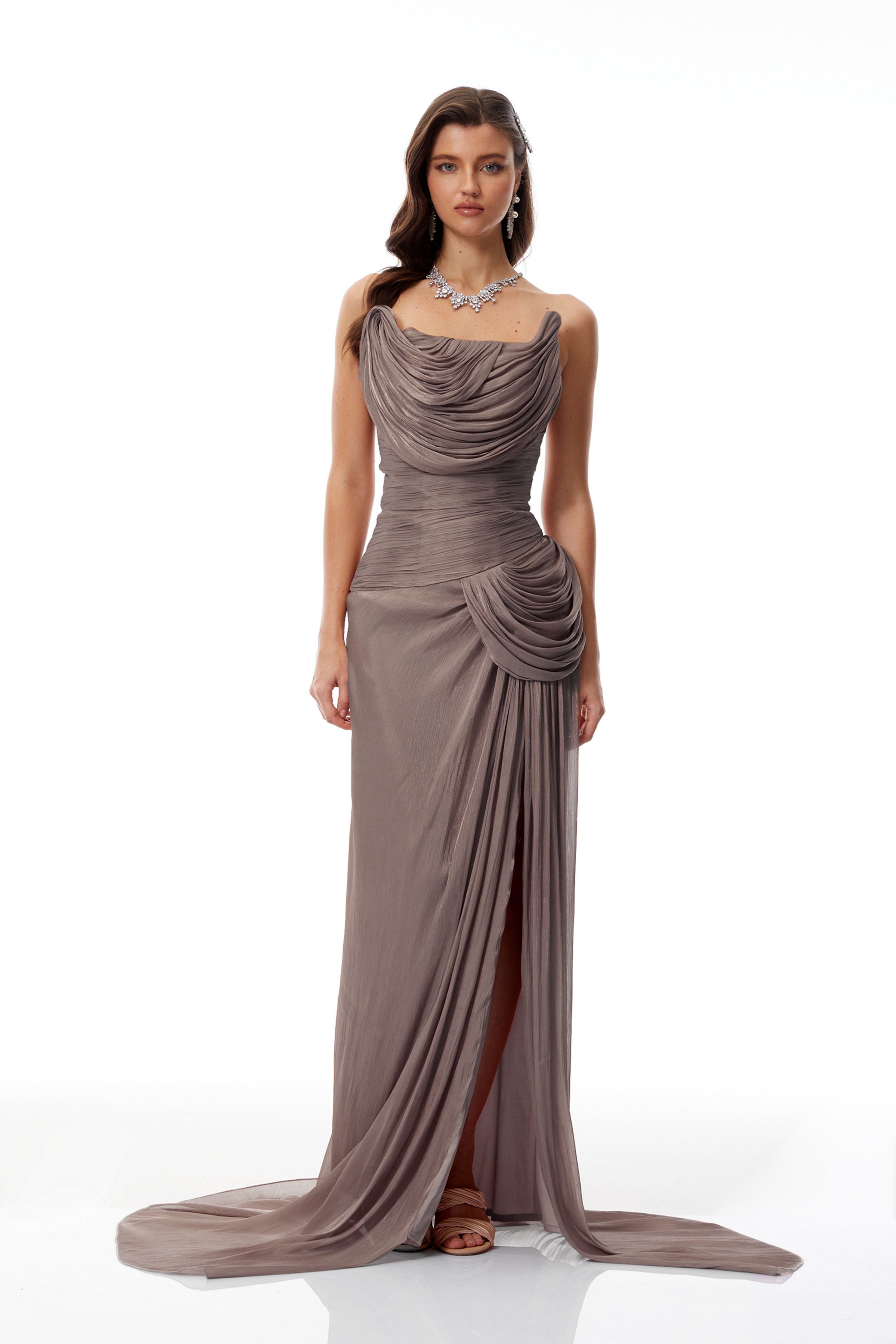 Gelsomina Grey Asymmetrical Glossy Gathered Maxi Dress