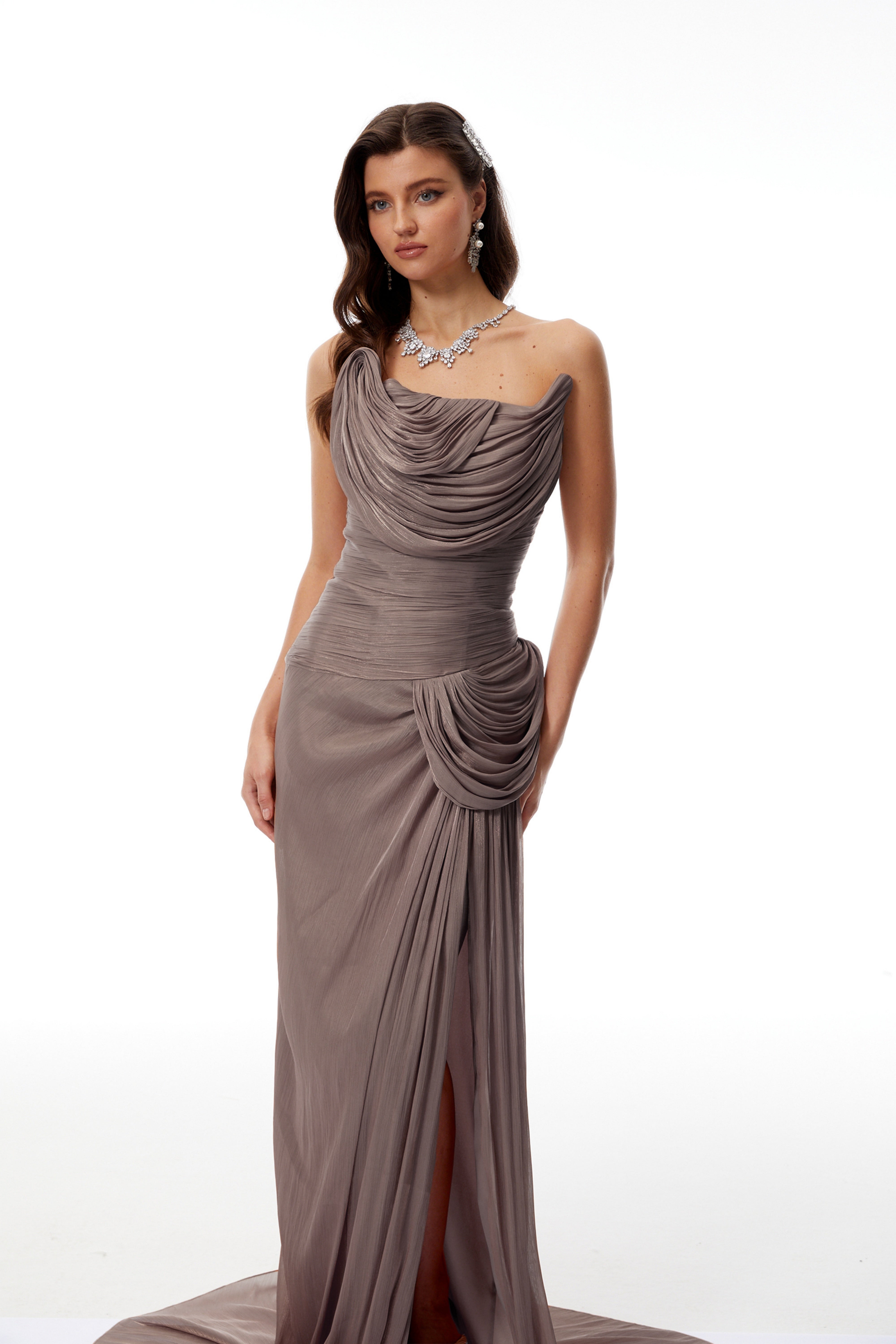Gelsomina Grey Asymmetrical Glossy Gathered Maxi Dress
