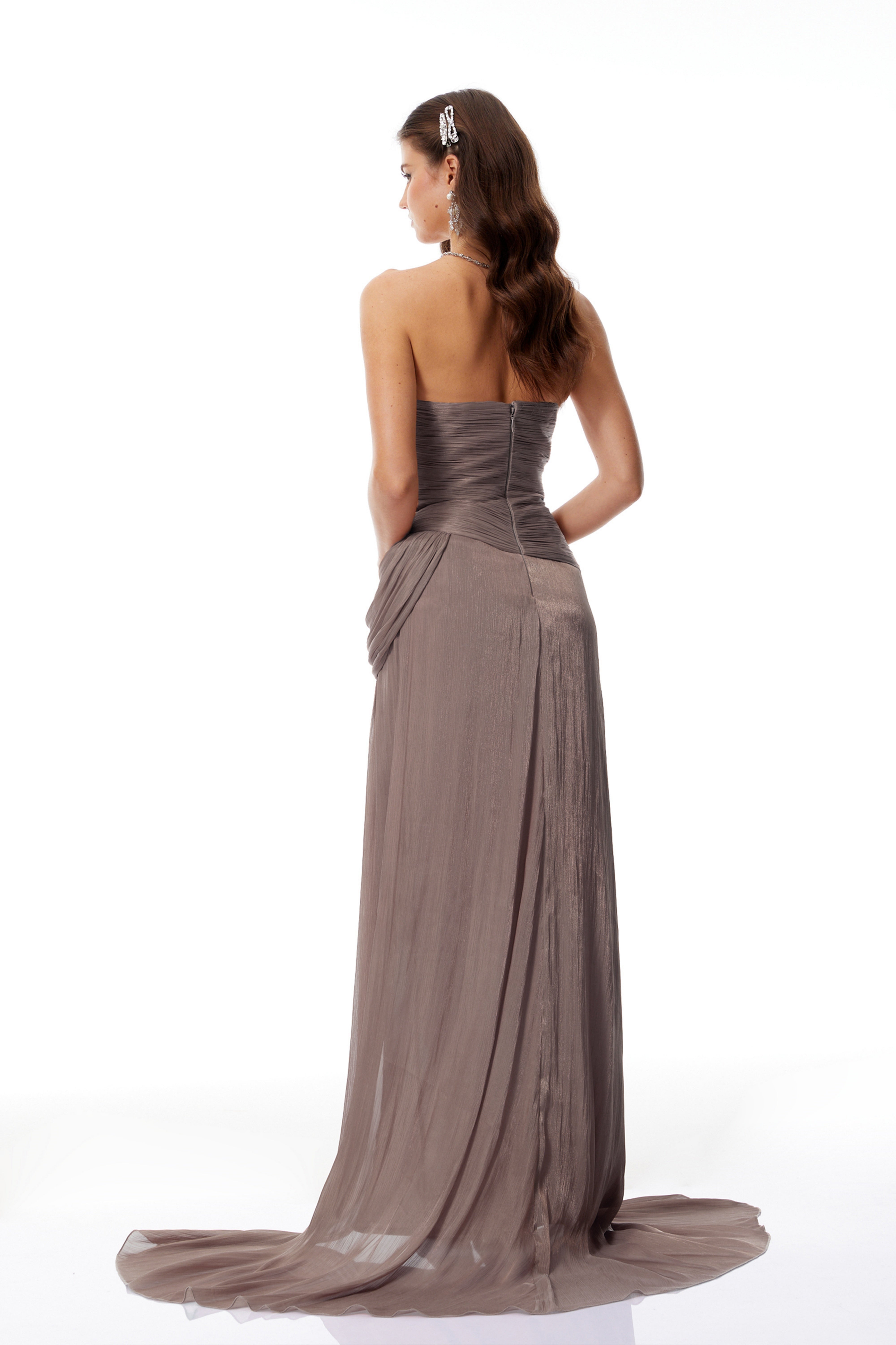 Gelsomina Grey Asymmetrical Glossy Gathered Maxi Dress
