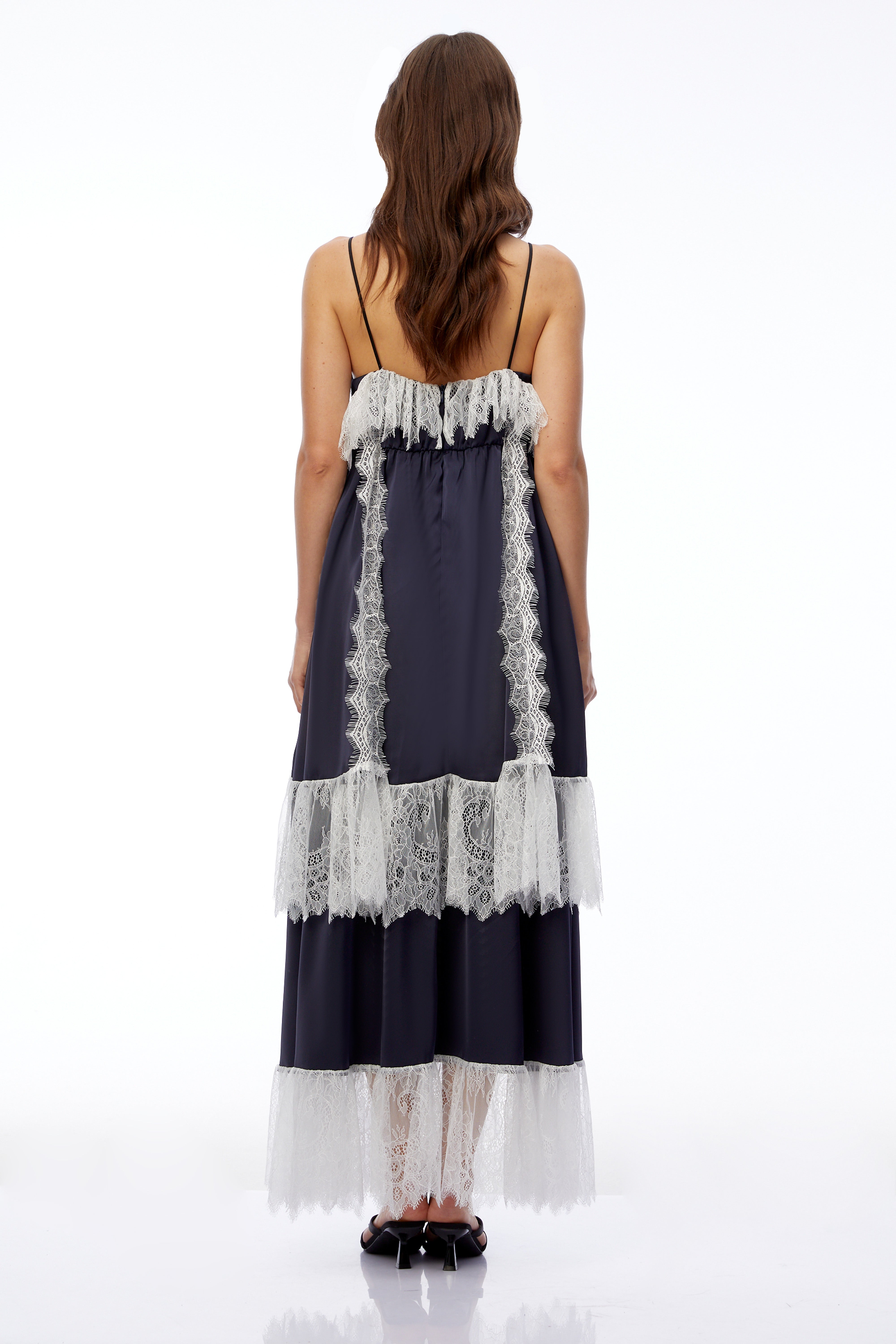 Geraldine Navy Blue Ruffled Maxi Dress with Lace Trim