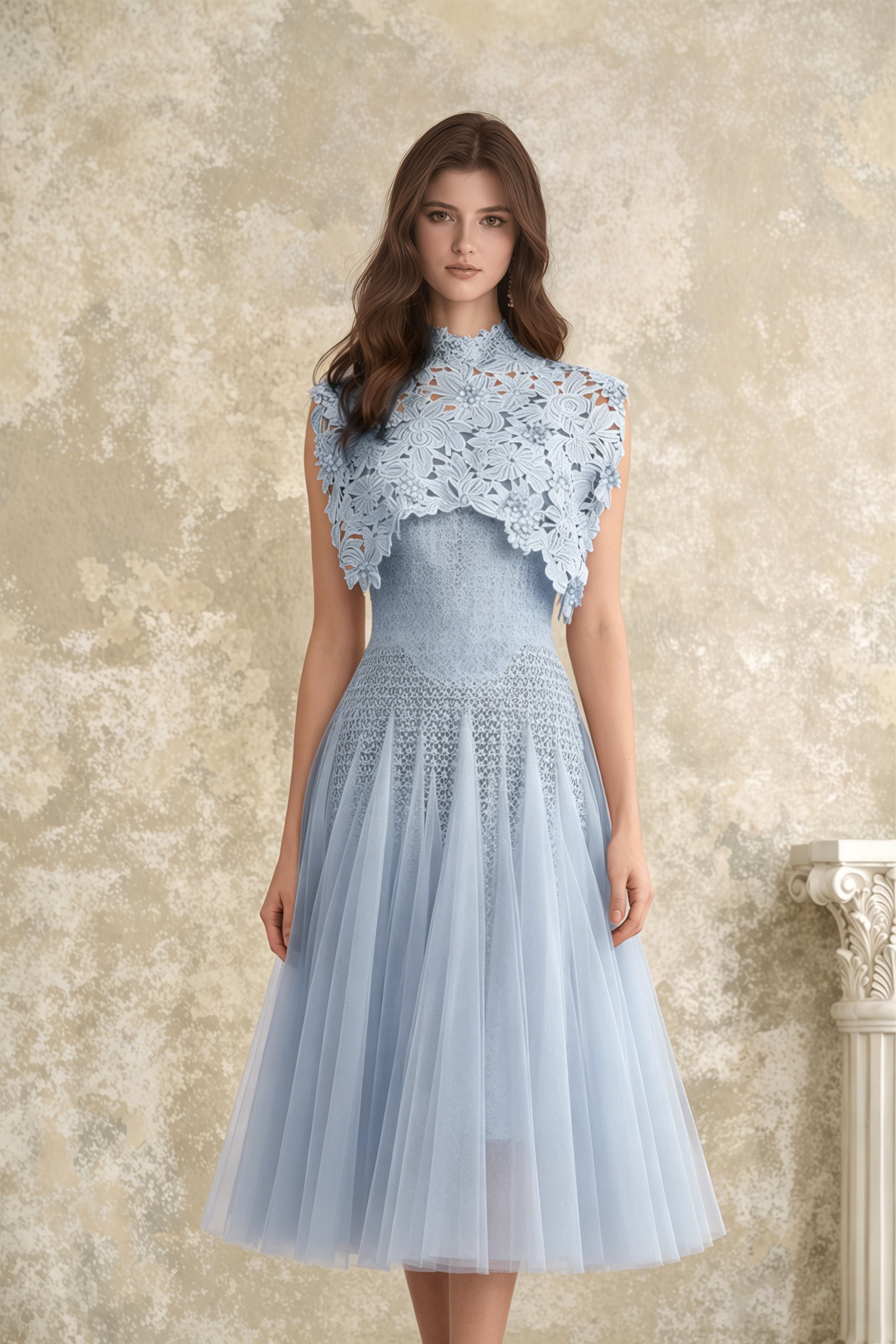 Robe mi-longue en crochet à motifs floraux bleus