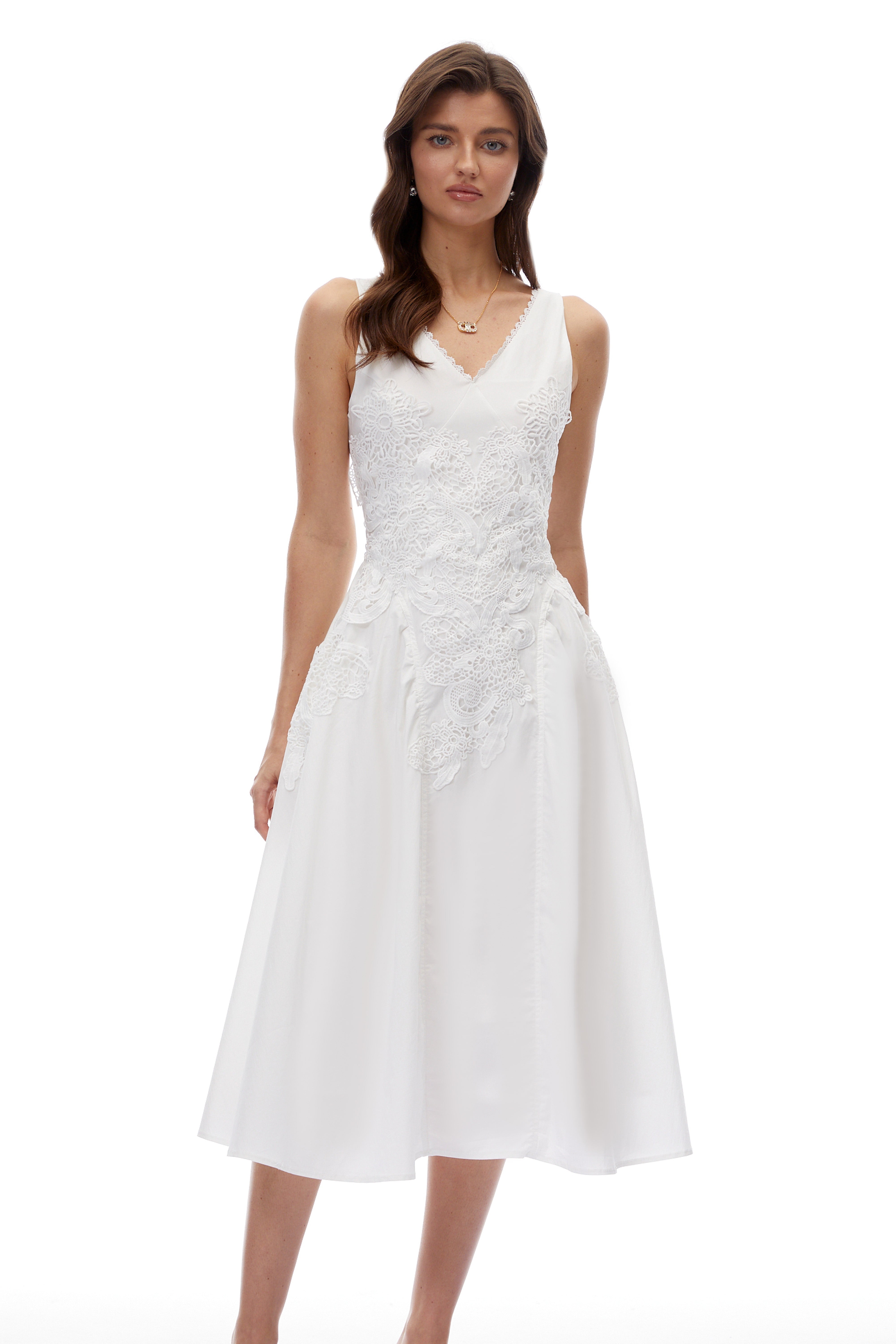 Gertrude White V-Neck Lace Midi Dress