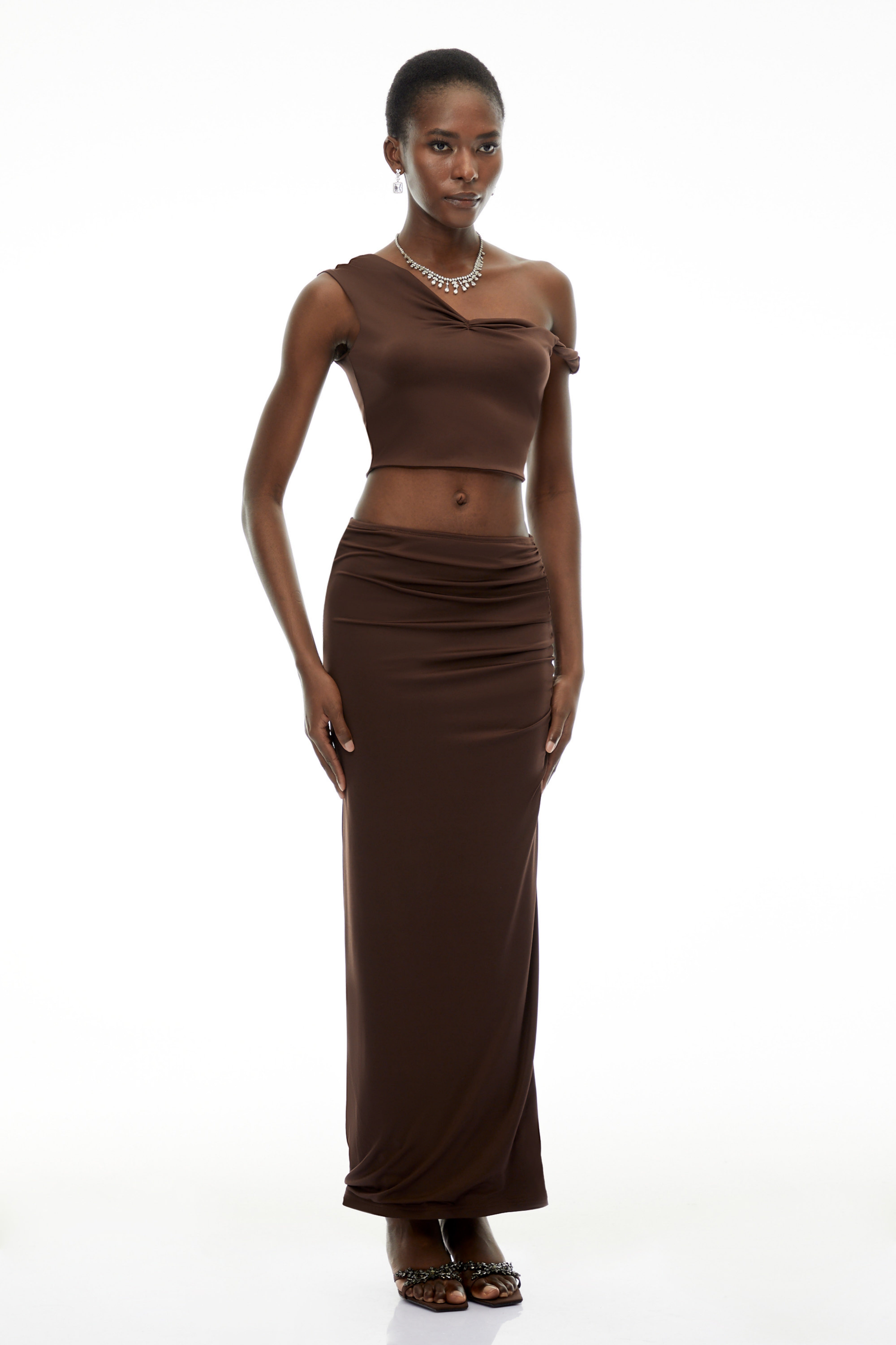Gina Chocolate Brown One Shoulder Top & Skirt Set