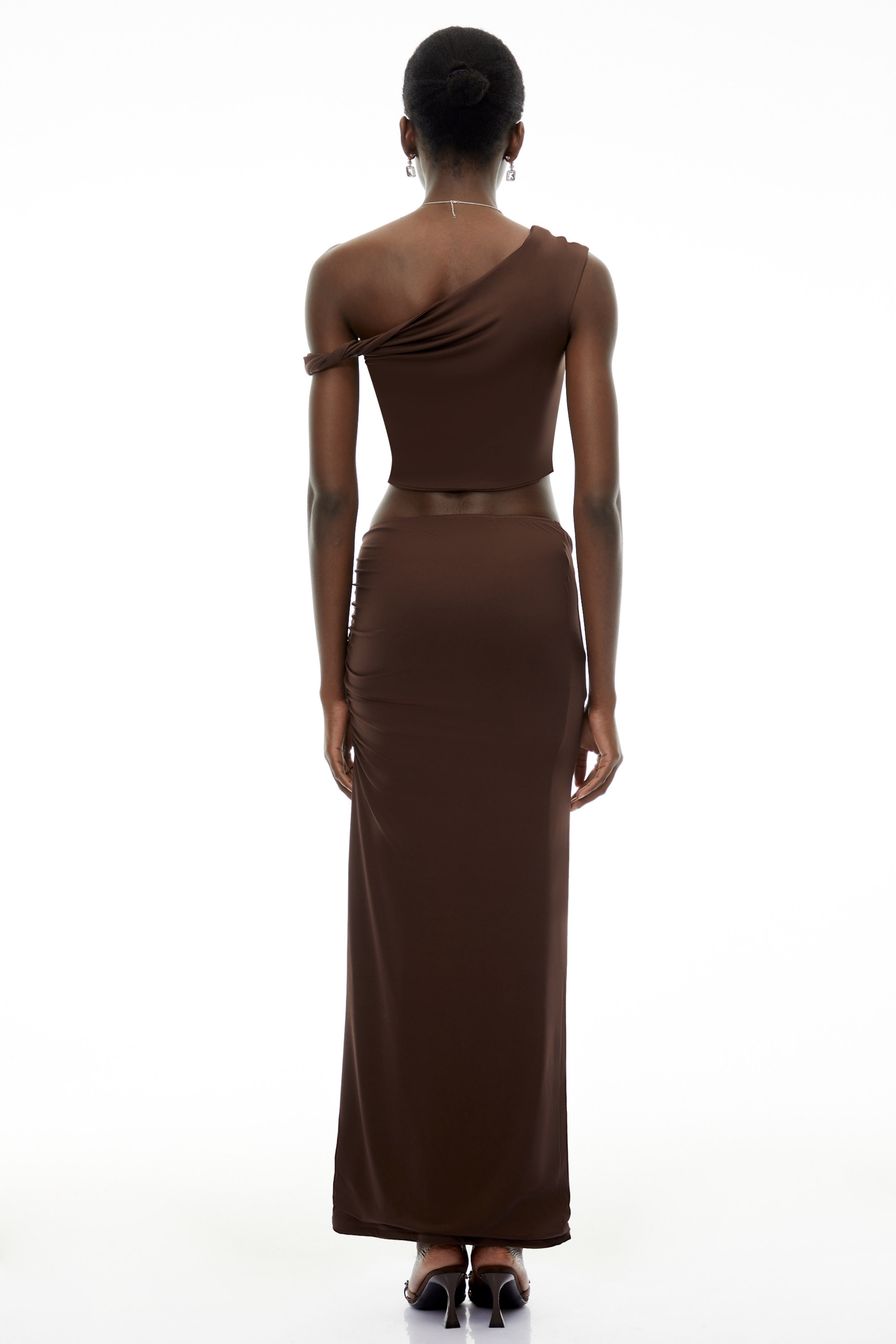 Gina Chocolate Brown One Shoulder Top & Skirt Set