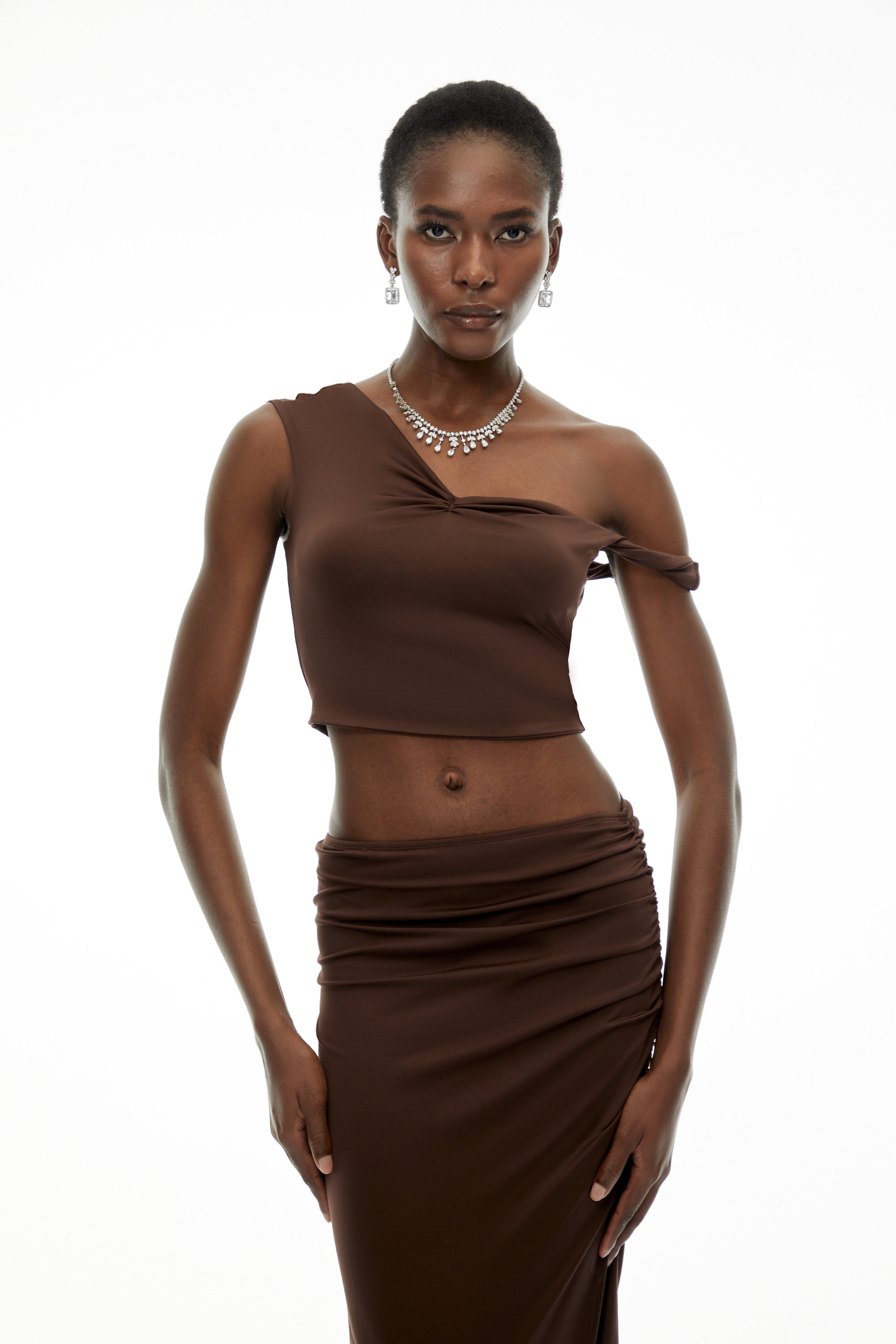 Gina Chocolate Brown One Shoulder Top & Skirt Set