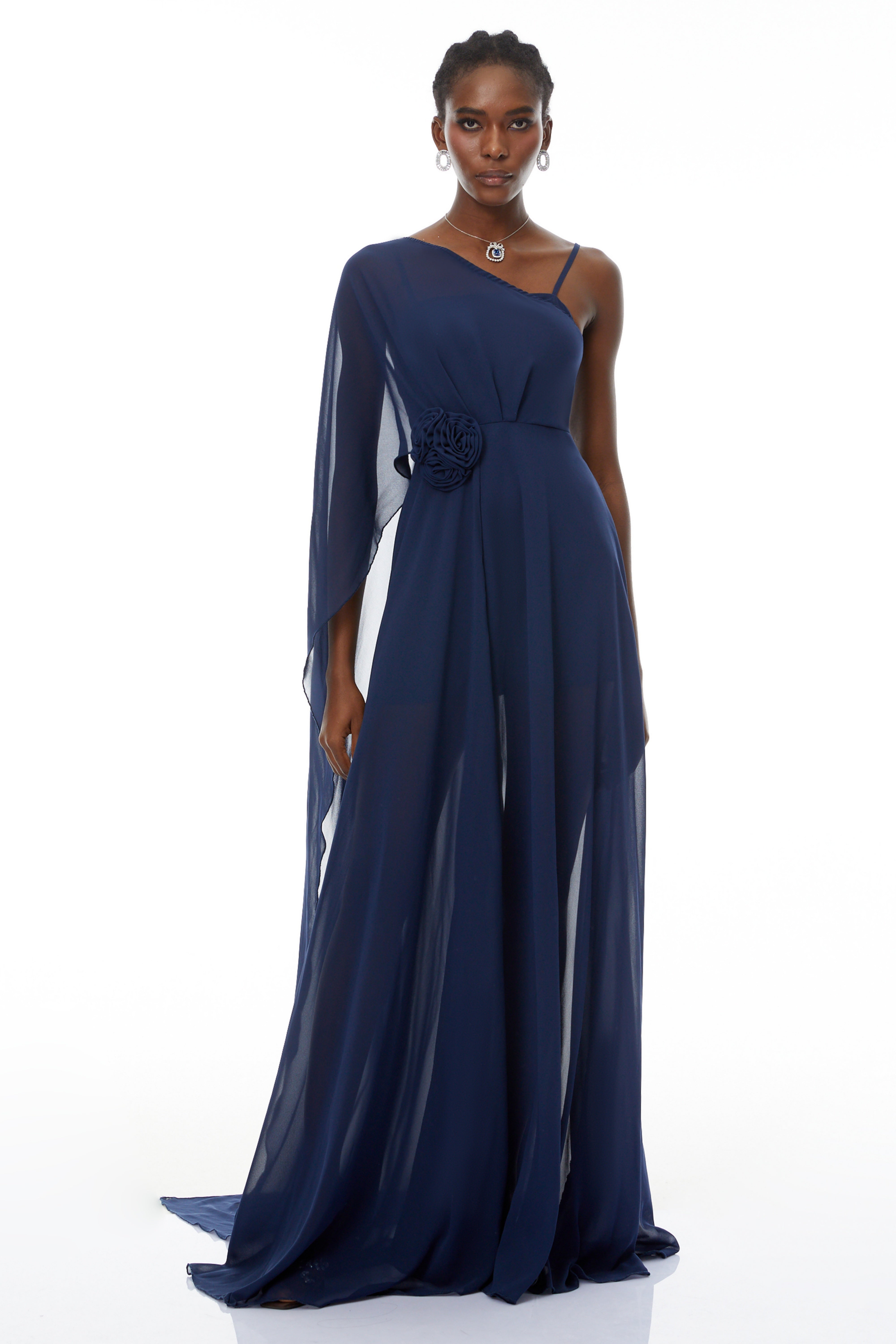 Ginevra Navy One Shoulder Cape Maxi Gown