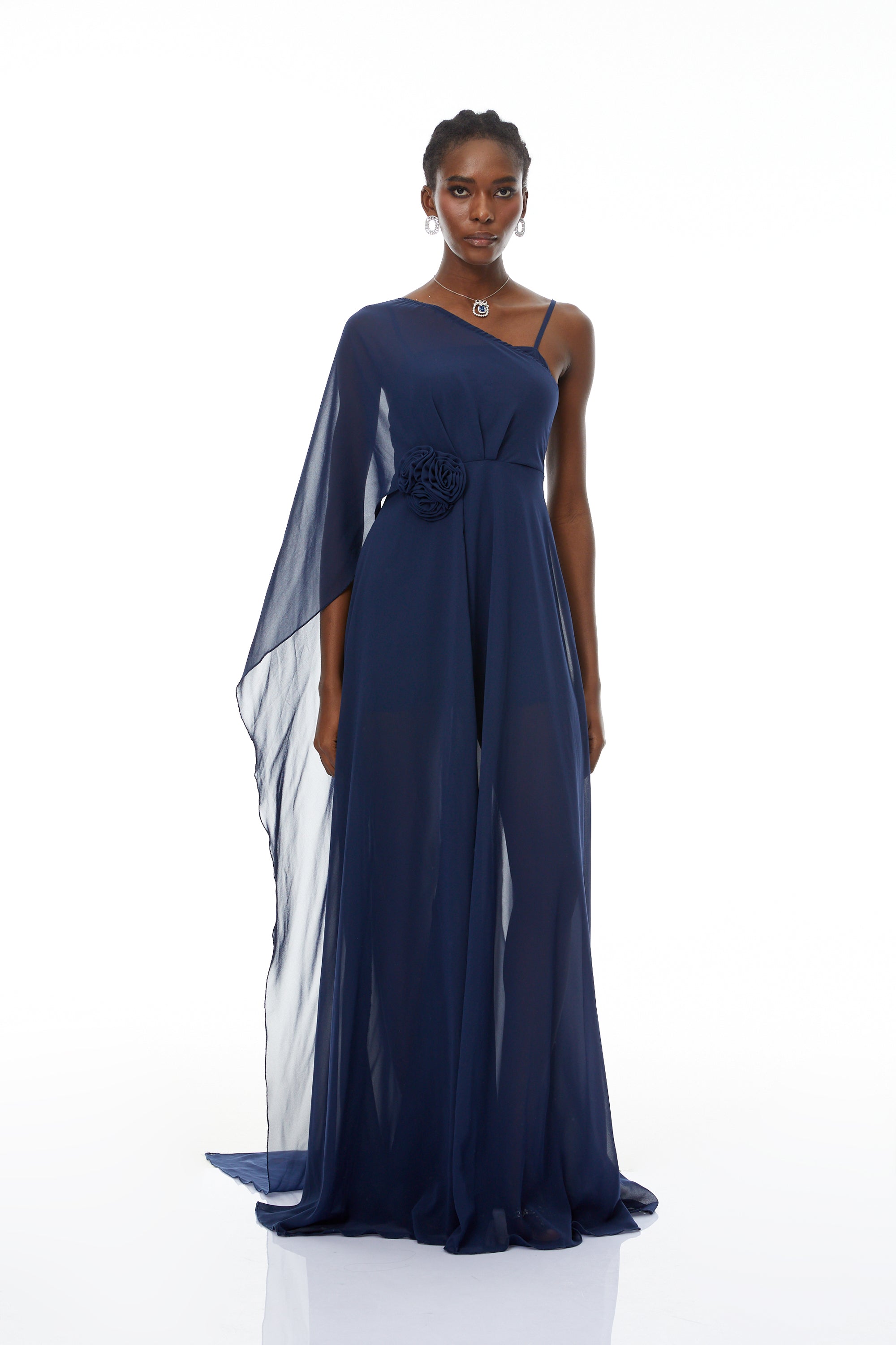 Ginevra Navy One Shoulder Cape Maxi Gown