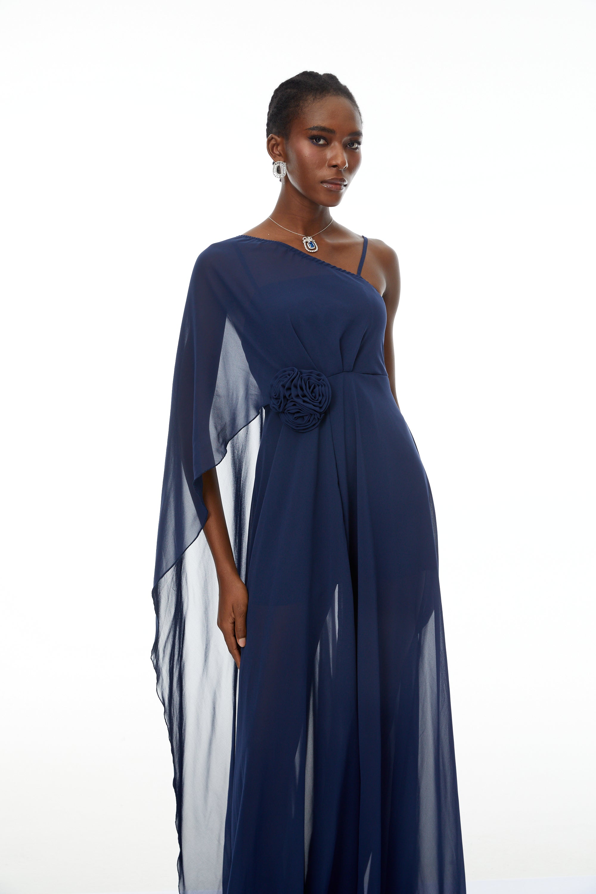 Ginevra Navy One Shoulder Cape Maxi Gown