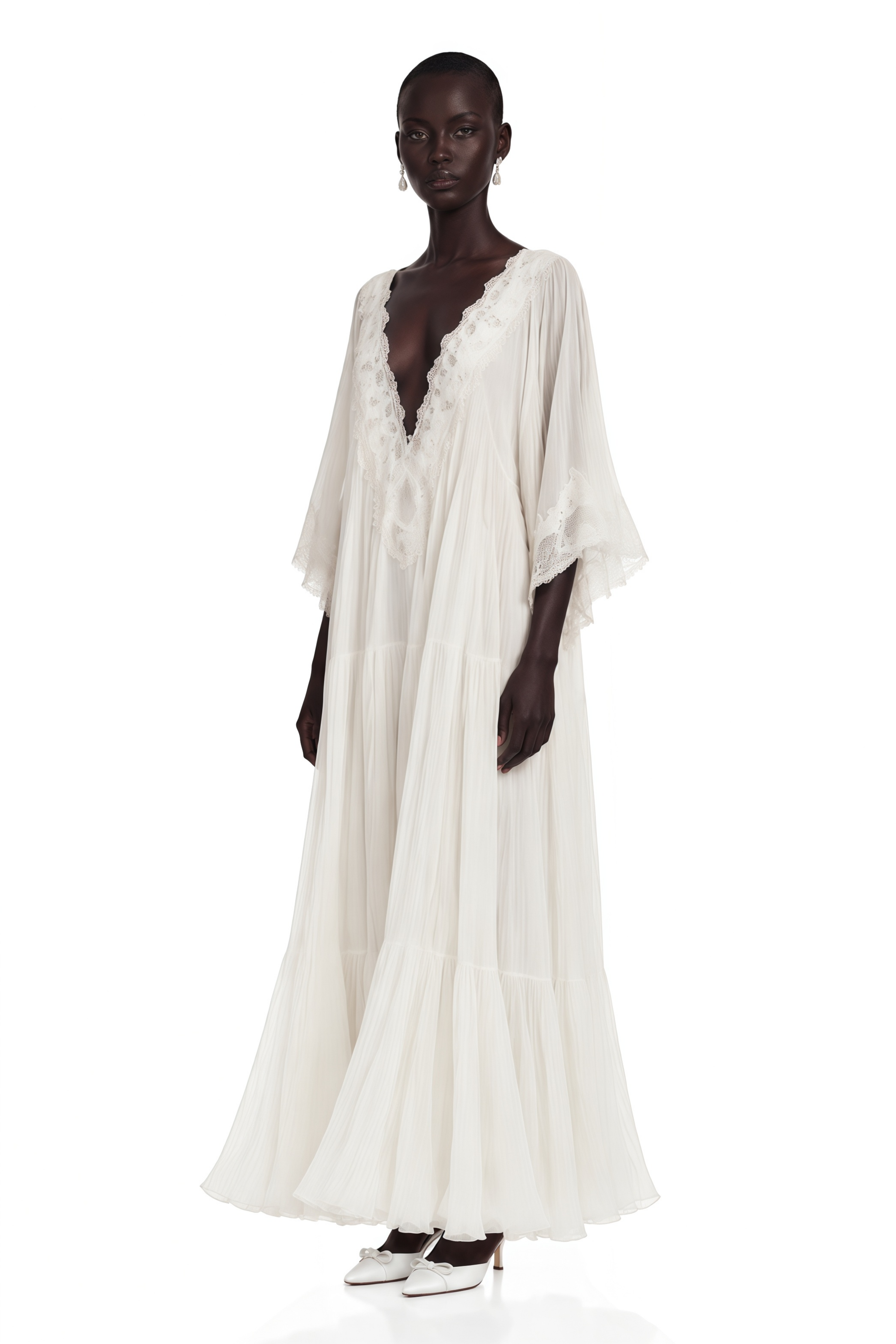 Giovanna White V-Neck Maxi Dress with Lace Trim