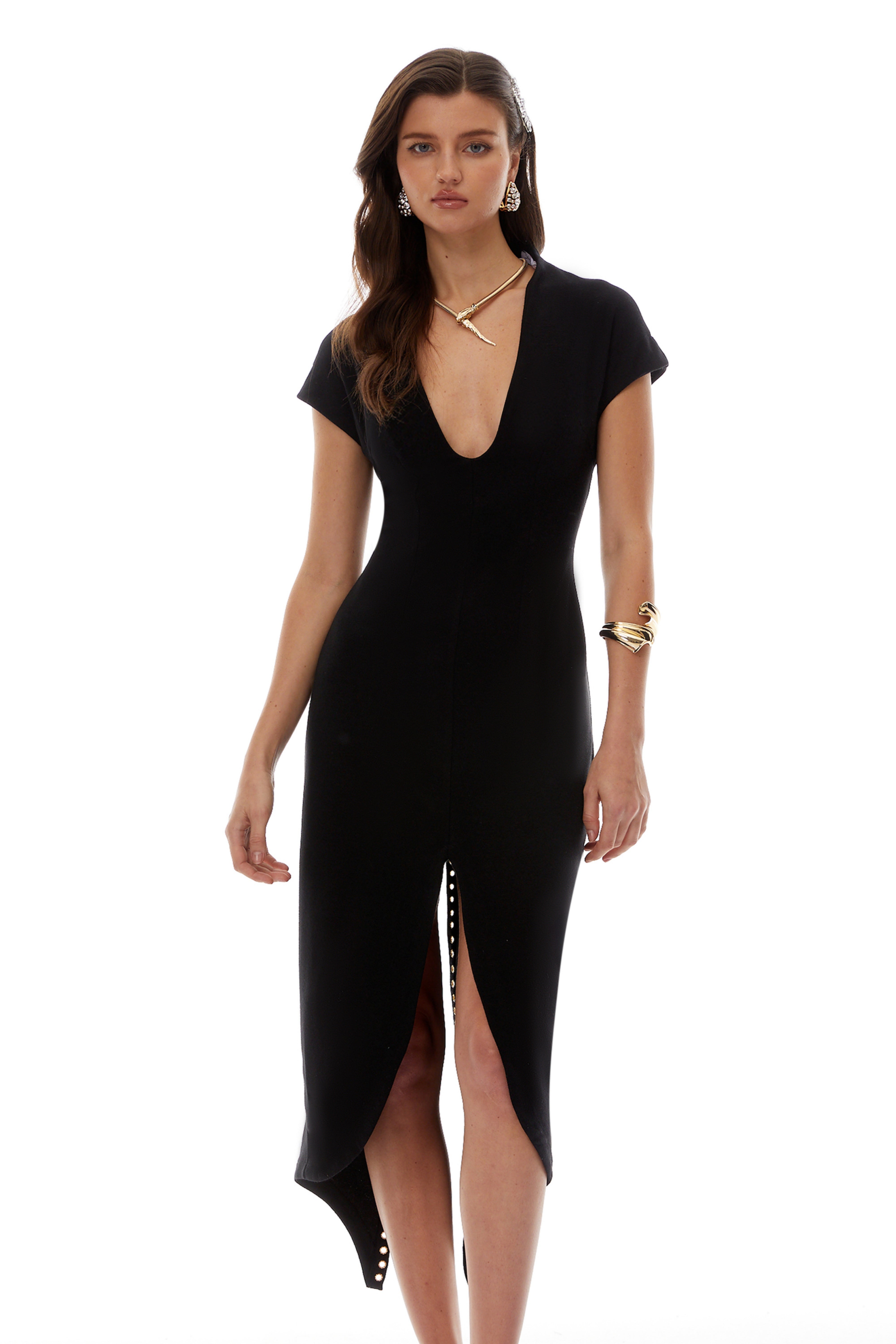 V Neck Velvet Split Midi Dress