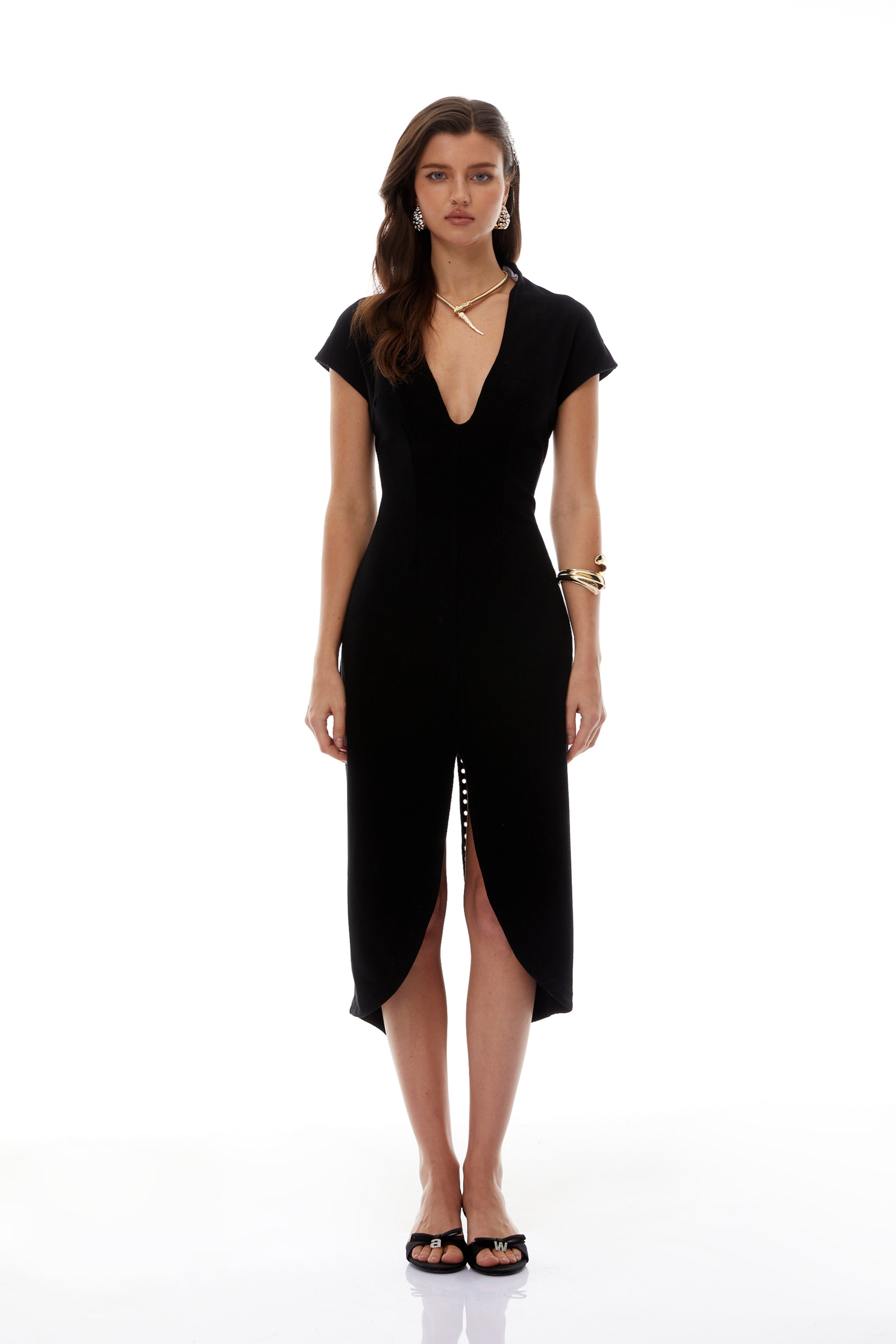 V Neck Velvet Split Midi Dress