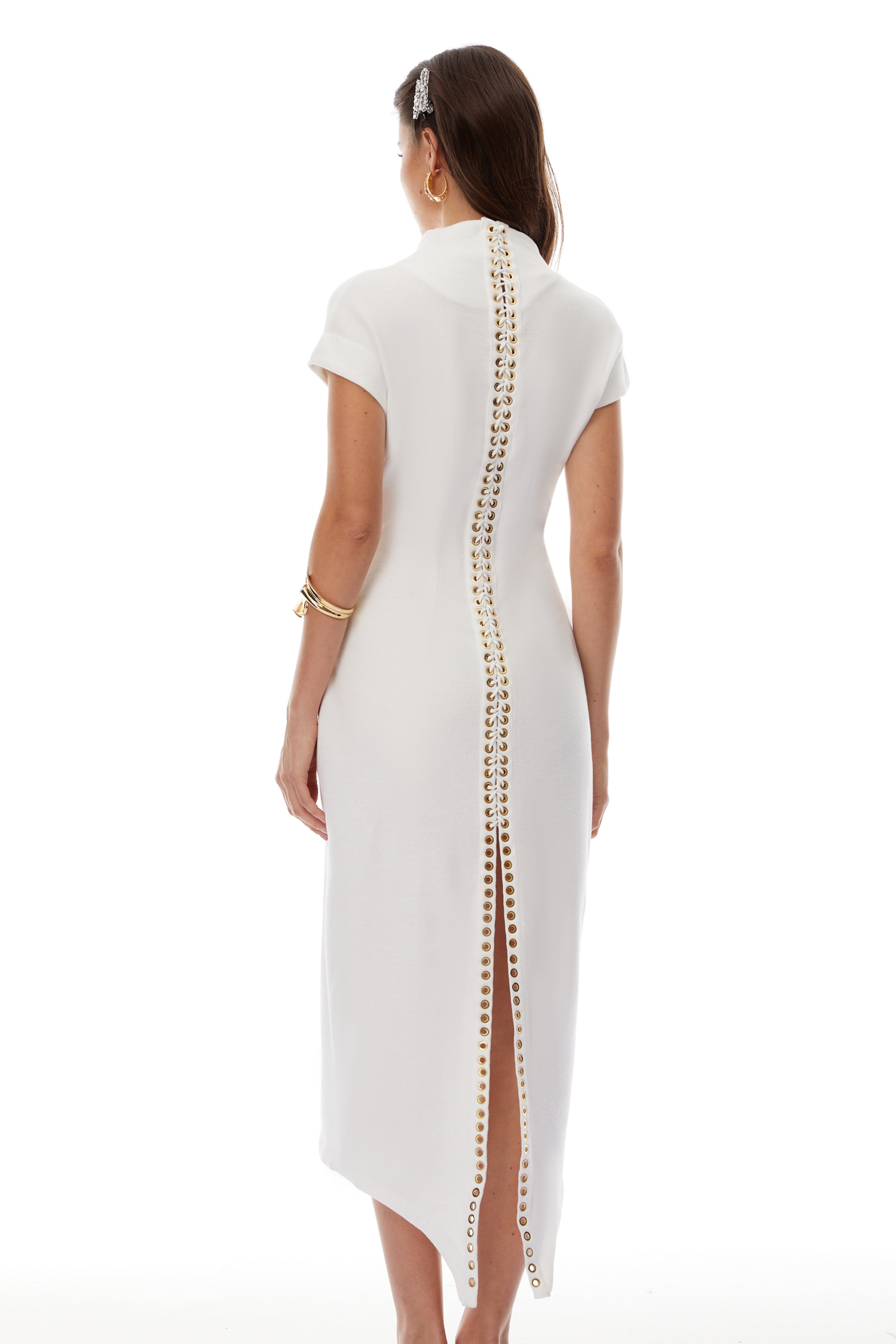 Gisela White Deep V-Neck Self-Tie Midi Dress