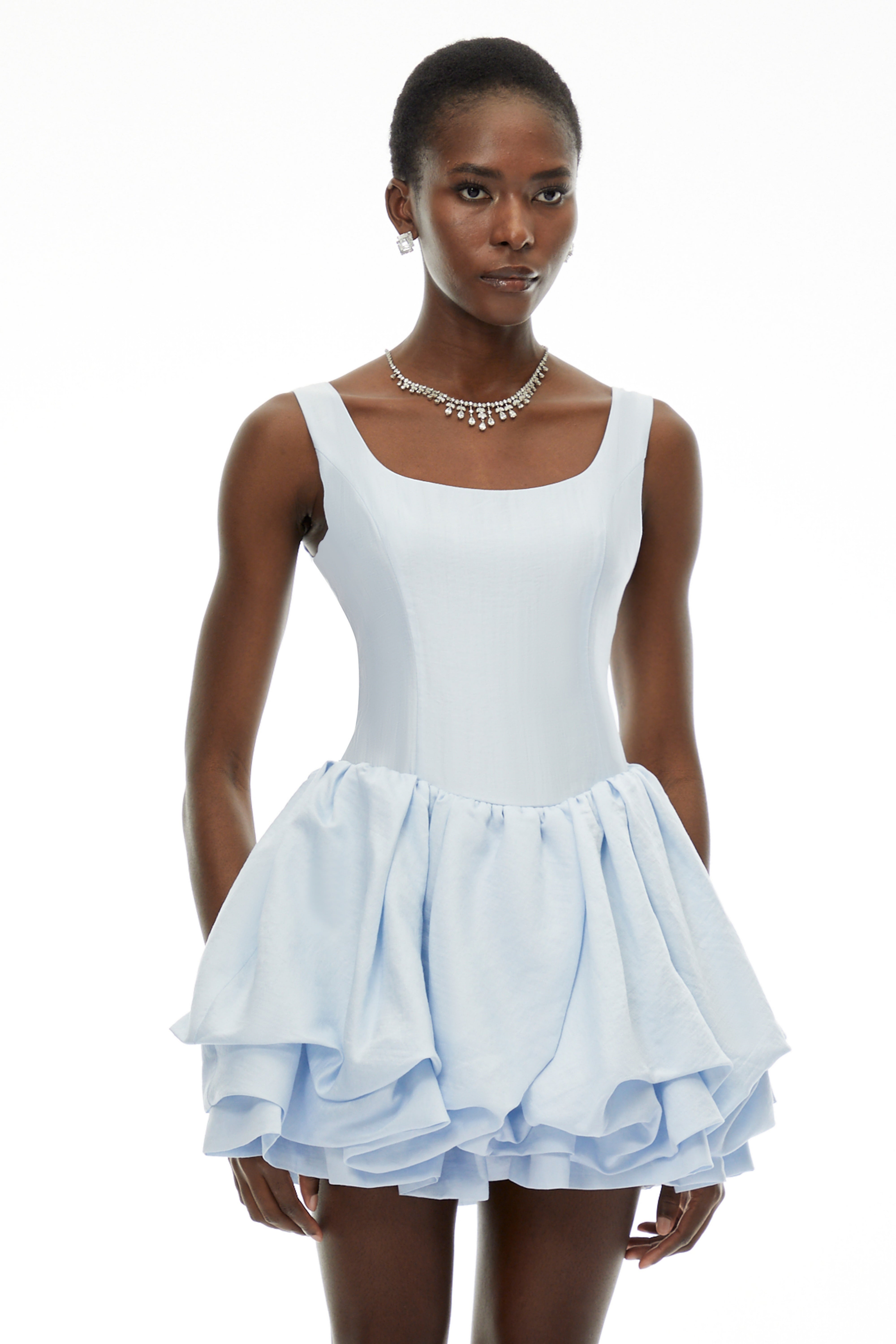 Giselle Dusty Blue Square Neck Tiered Mini Dress