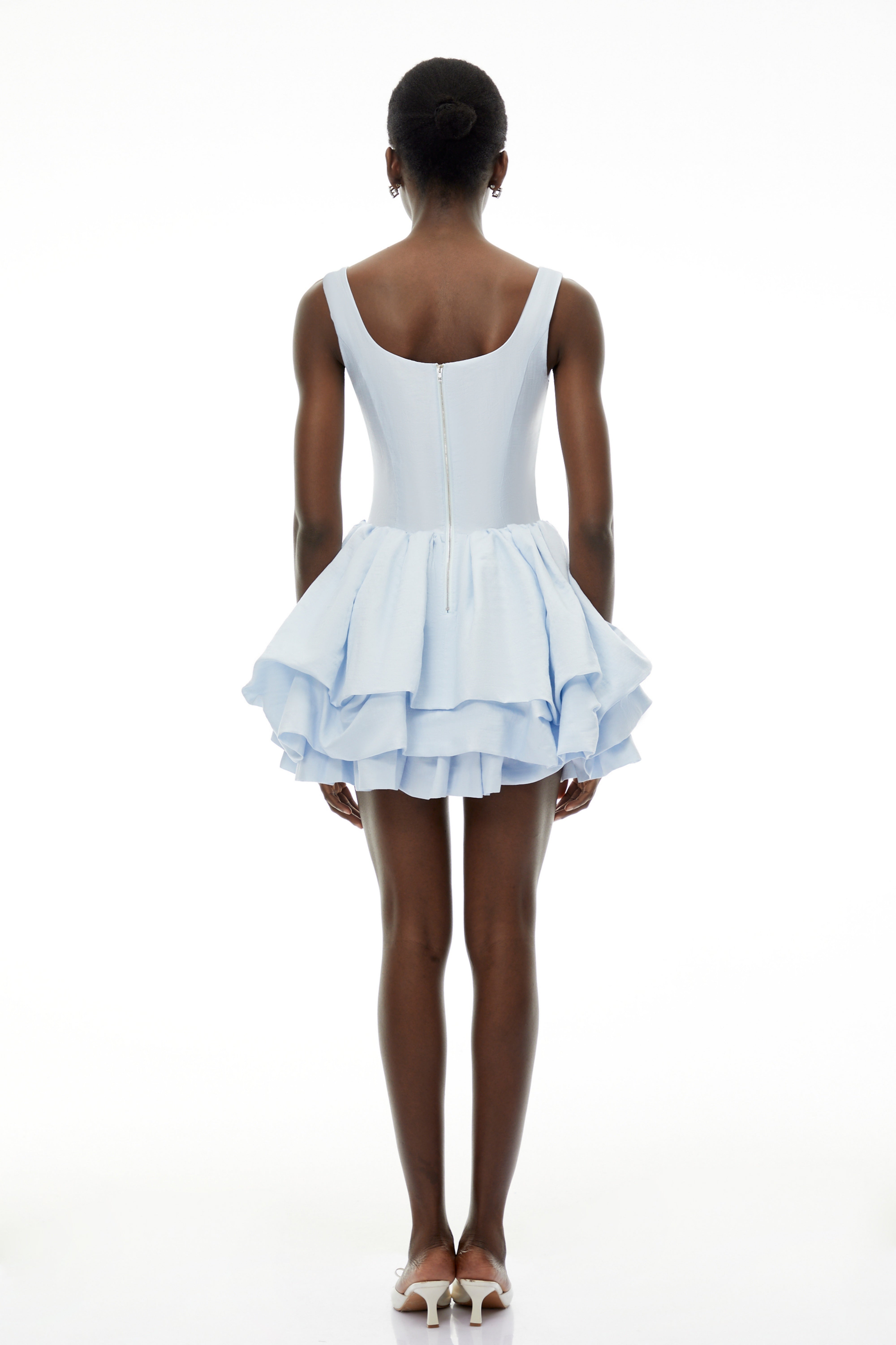 Giselle Dusty Blue Square Neck Tiered Mini Dress
