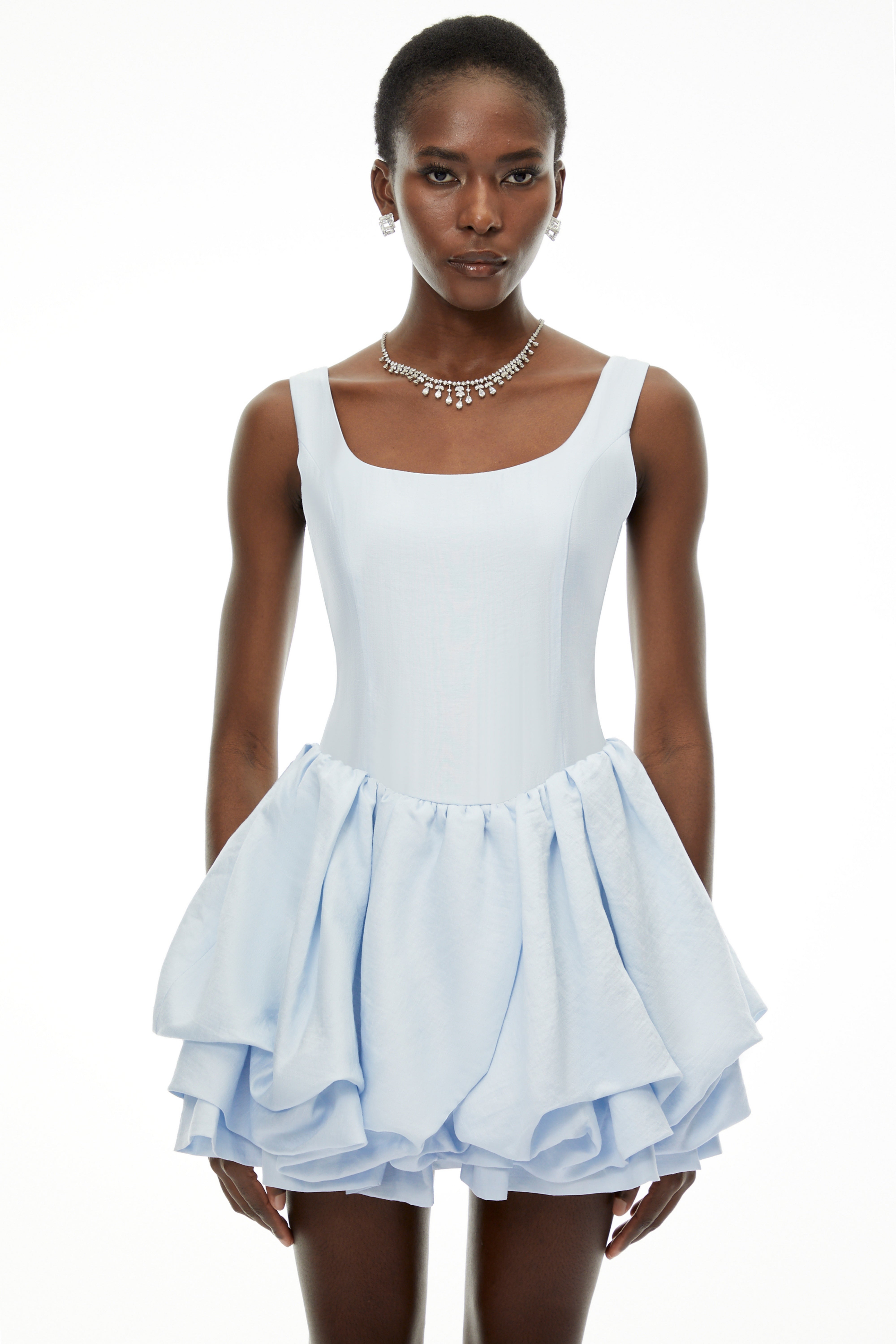 Giselle Dusty Blue Square Neck Tiered Mini Dress