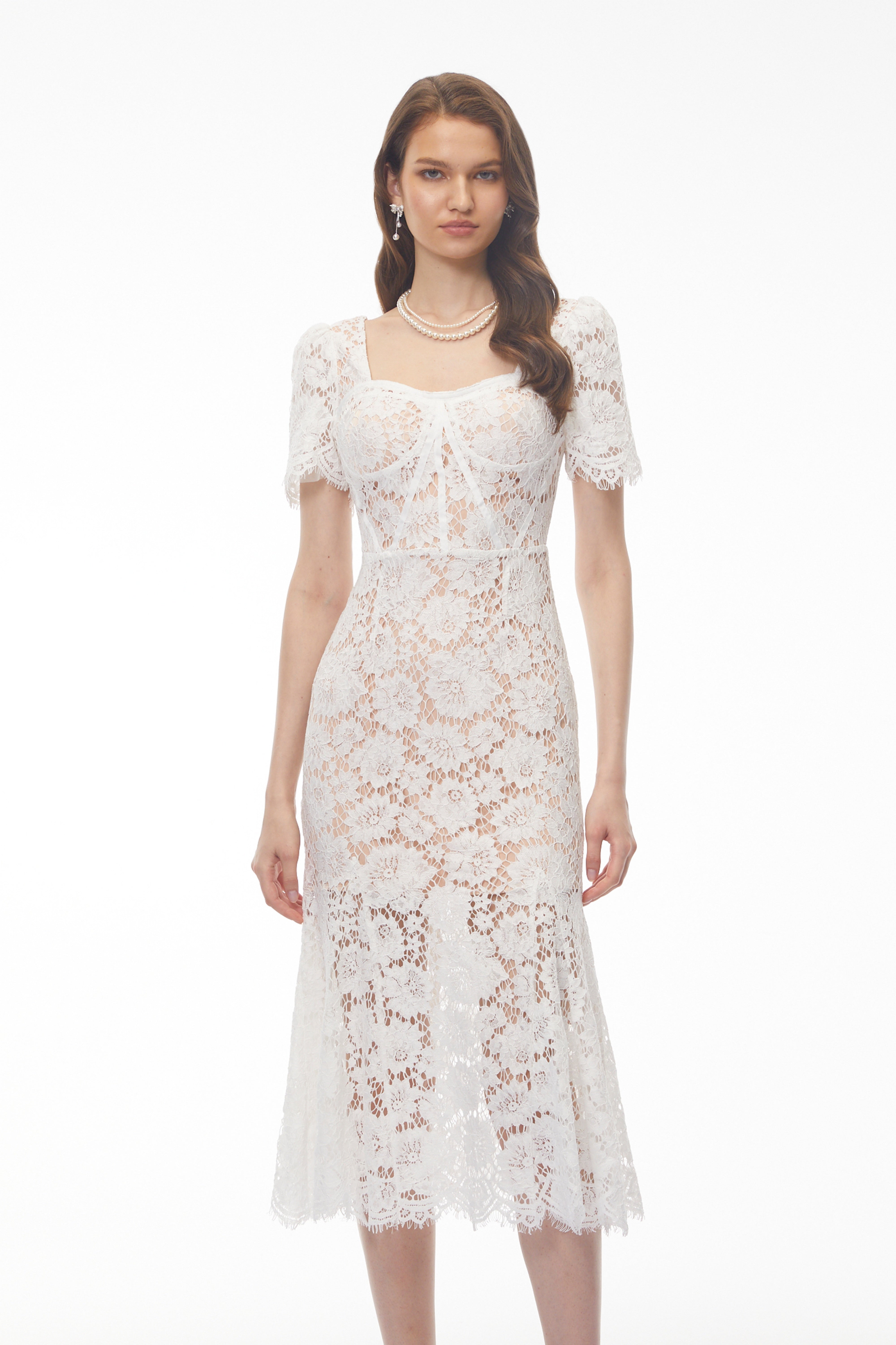 Robe mi-longue à manches bouffantes en dentelle à fleurs, couleur blanc cassé