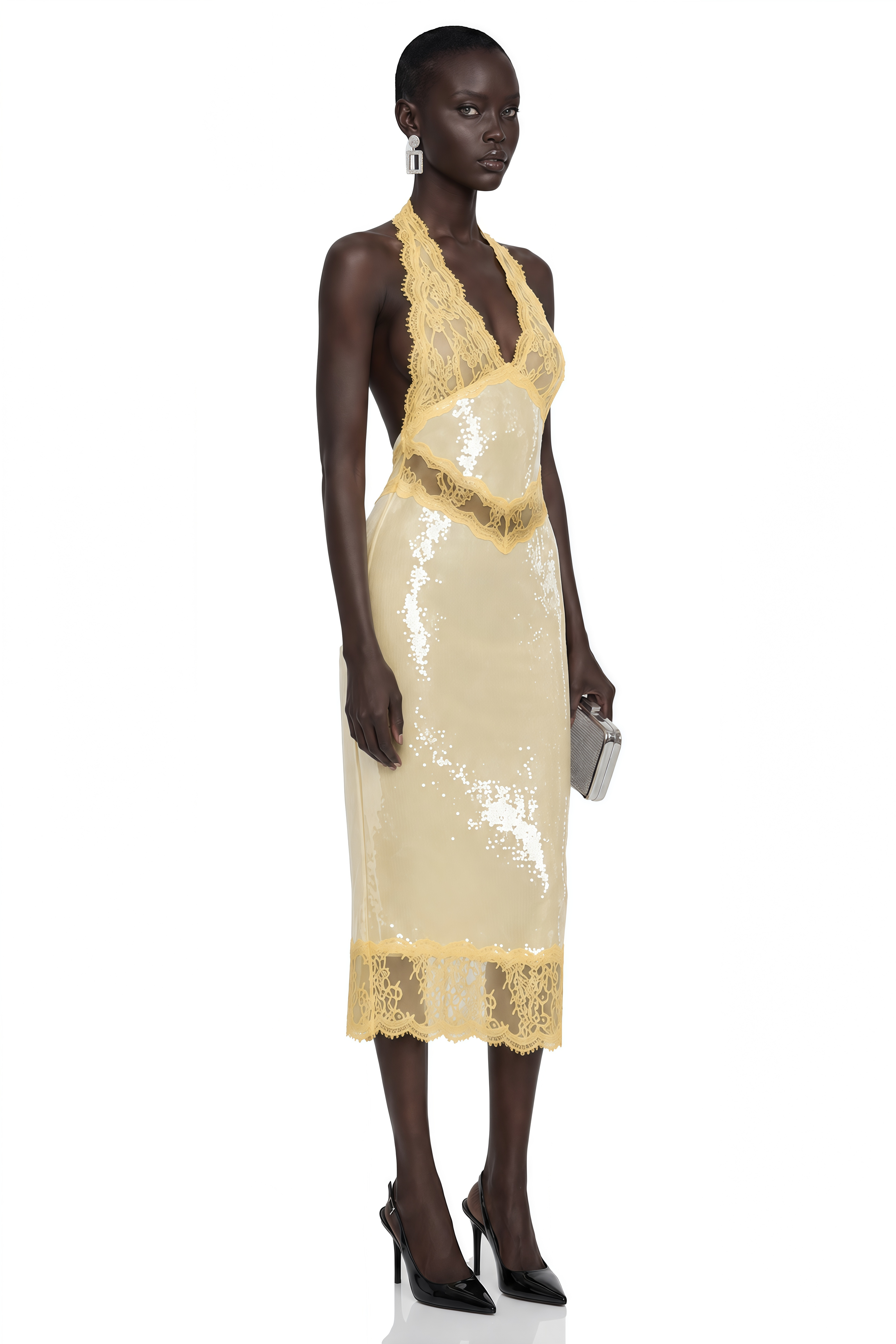 Gizem Yellow Sequin Midi Dress with Lace Panels