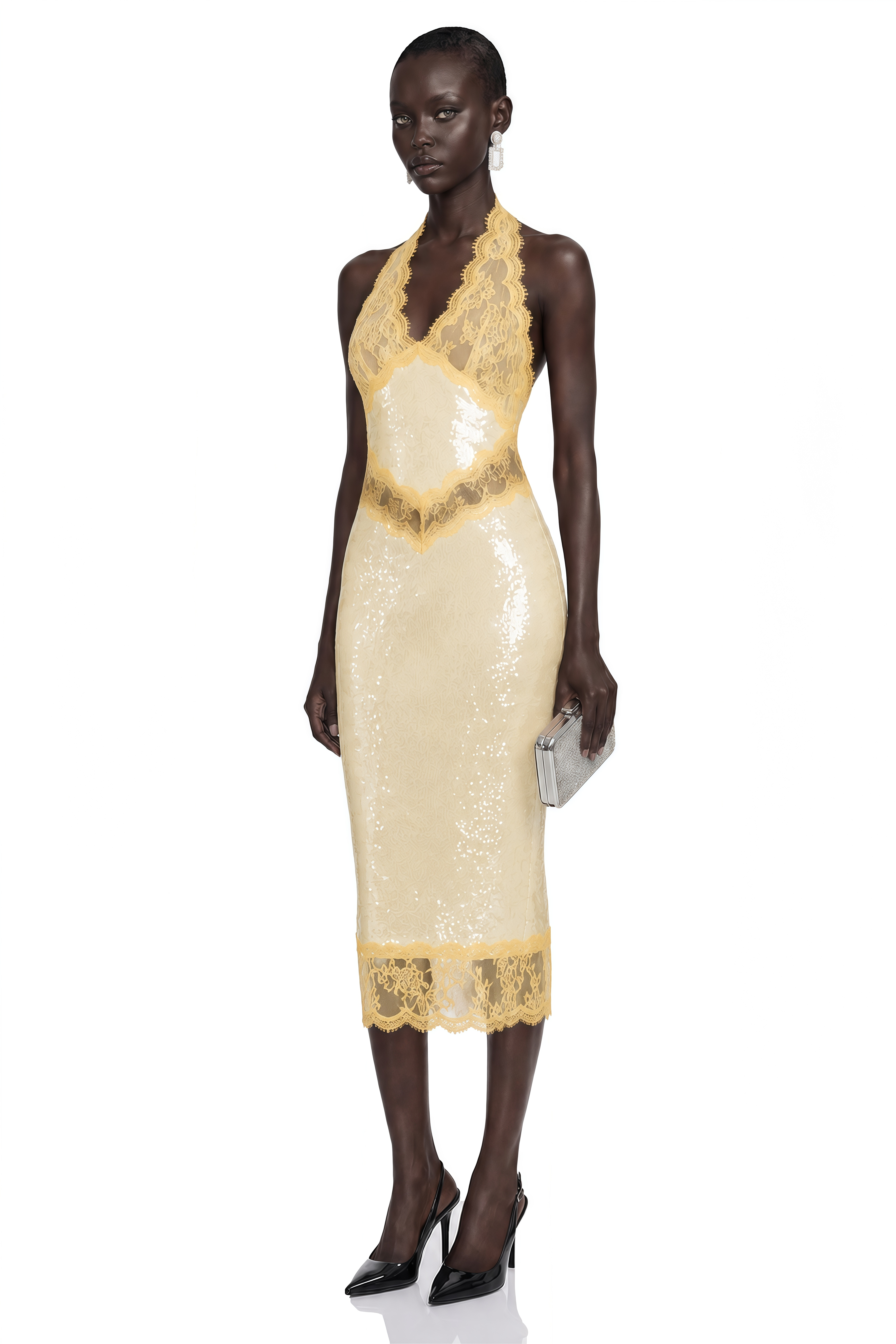 Gizem Yellow Sequin Midi Dress with Lace Panels