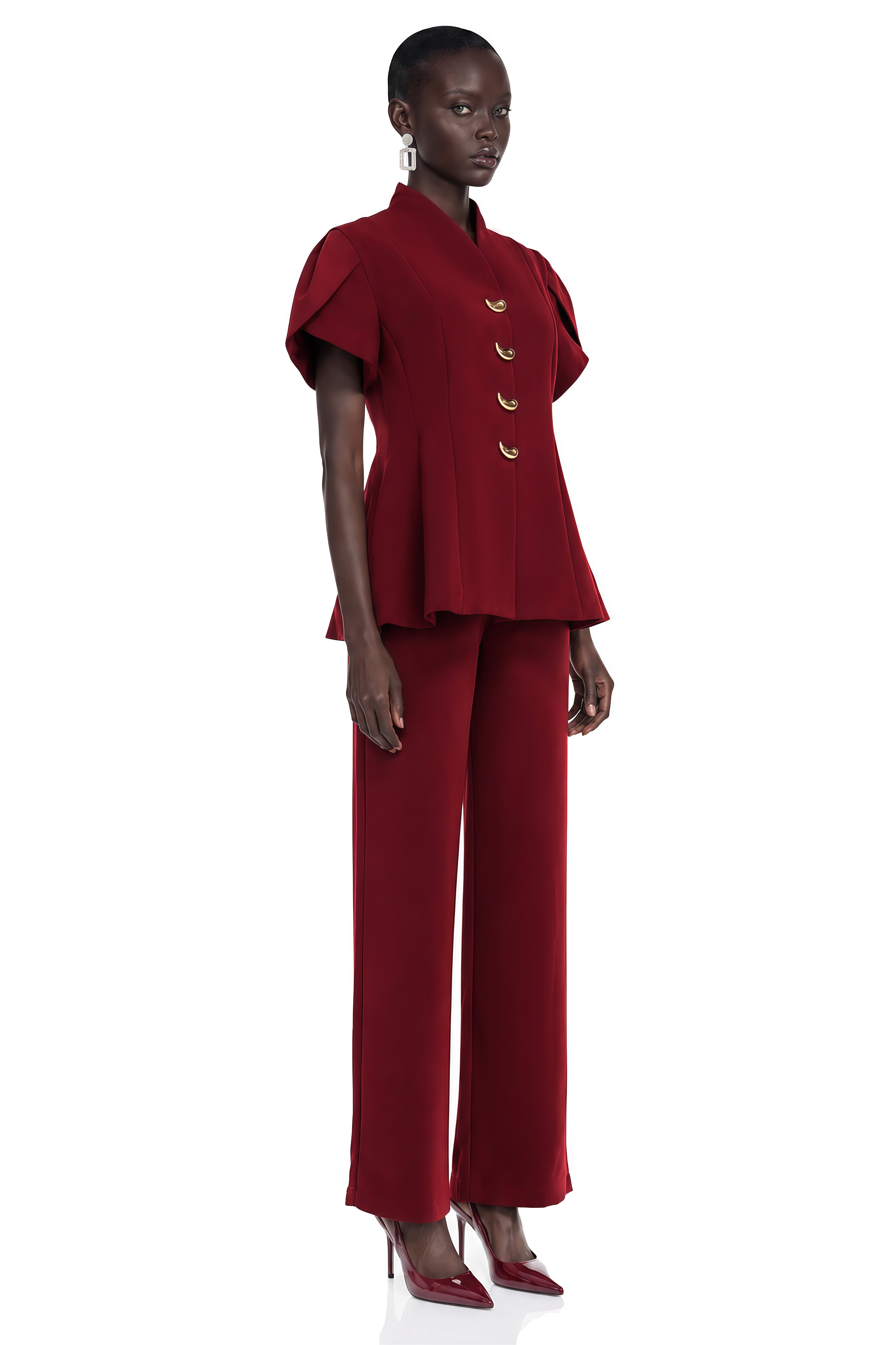 Gloria Red Puff Sleeves Blouse & Trousers Set