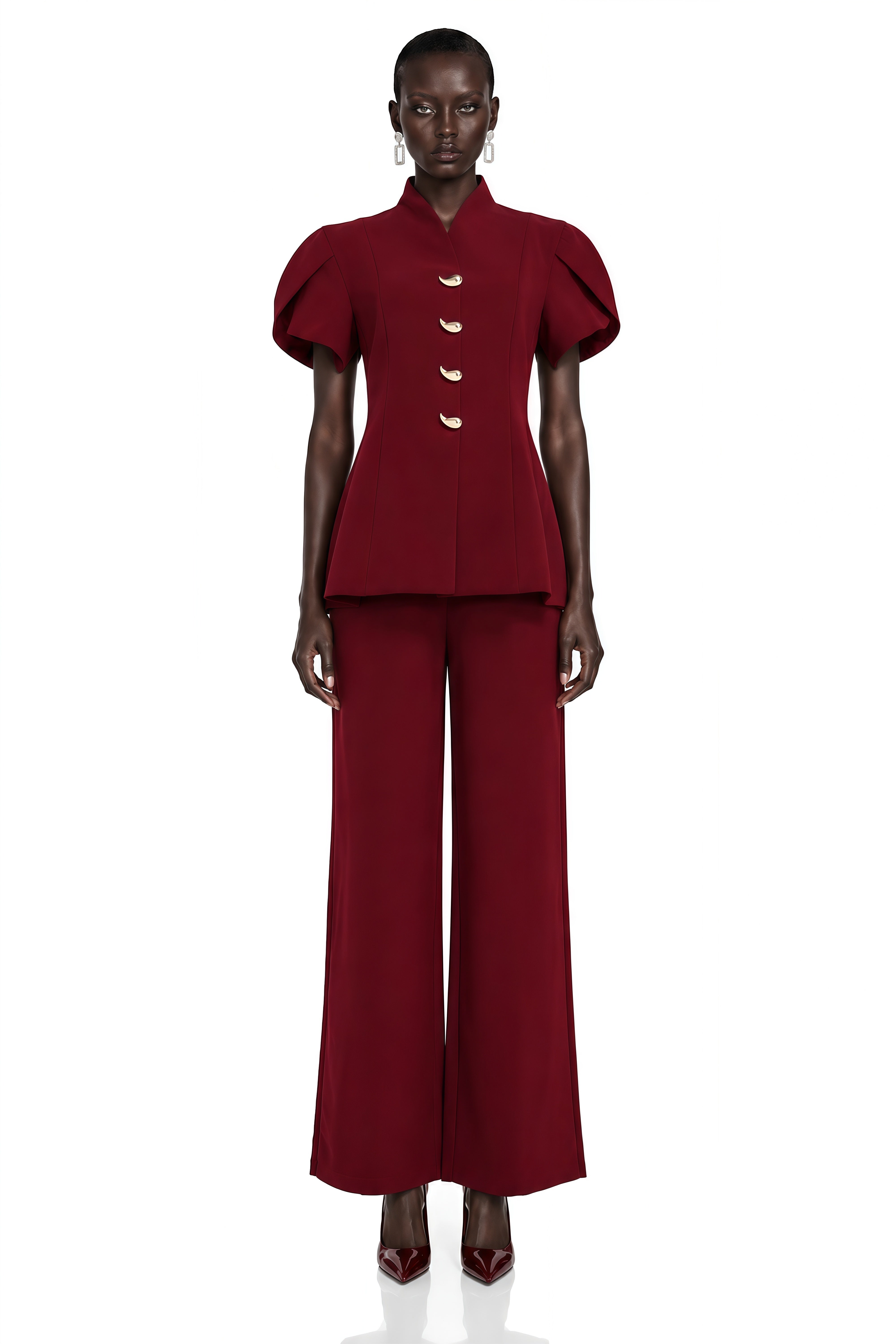 Gloria Red Puff Sleeves Blouse & Trousers Set