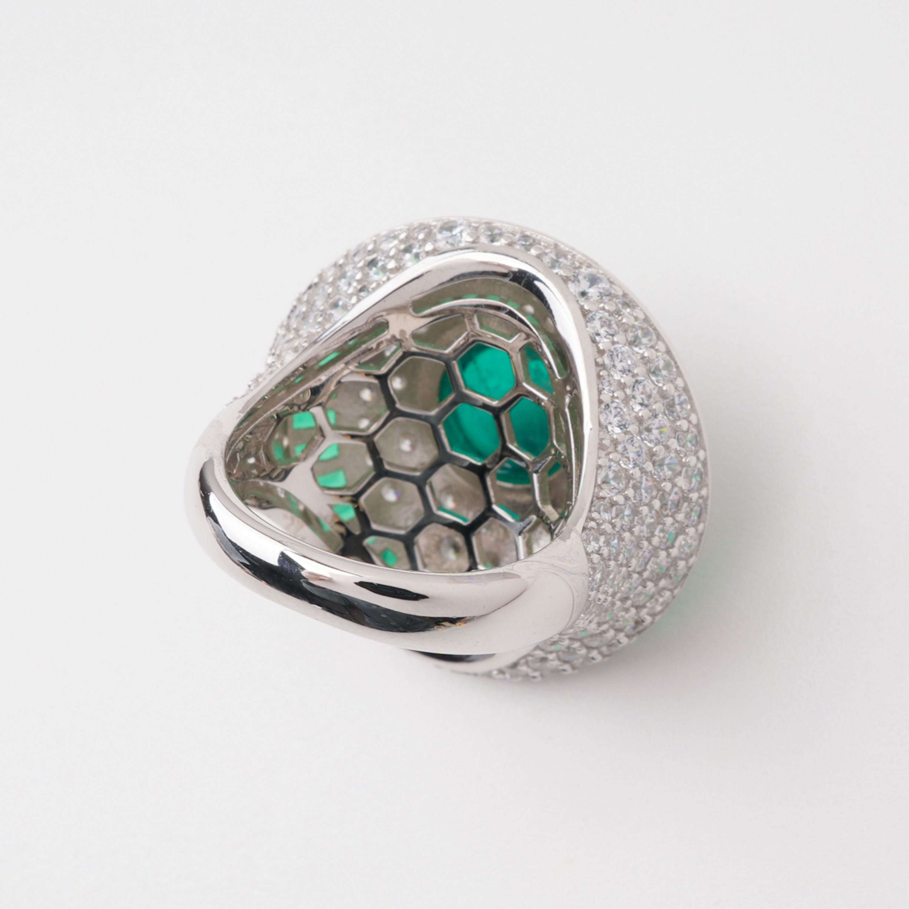 Gamze Green Emerald Cabochon Baguette Halo Pavé Crystal Sterling Silver Ring