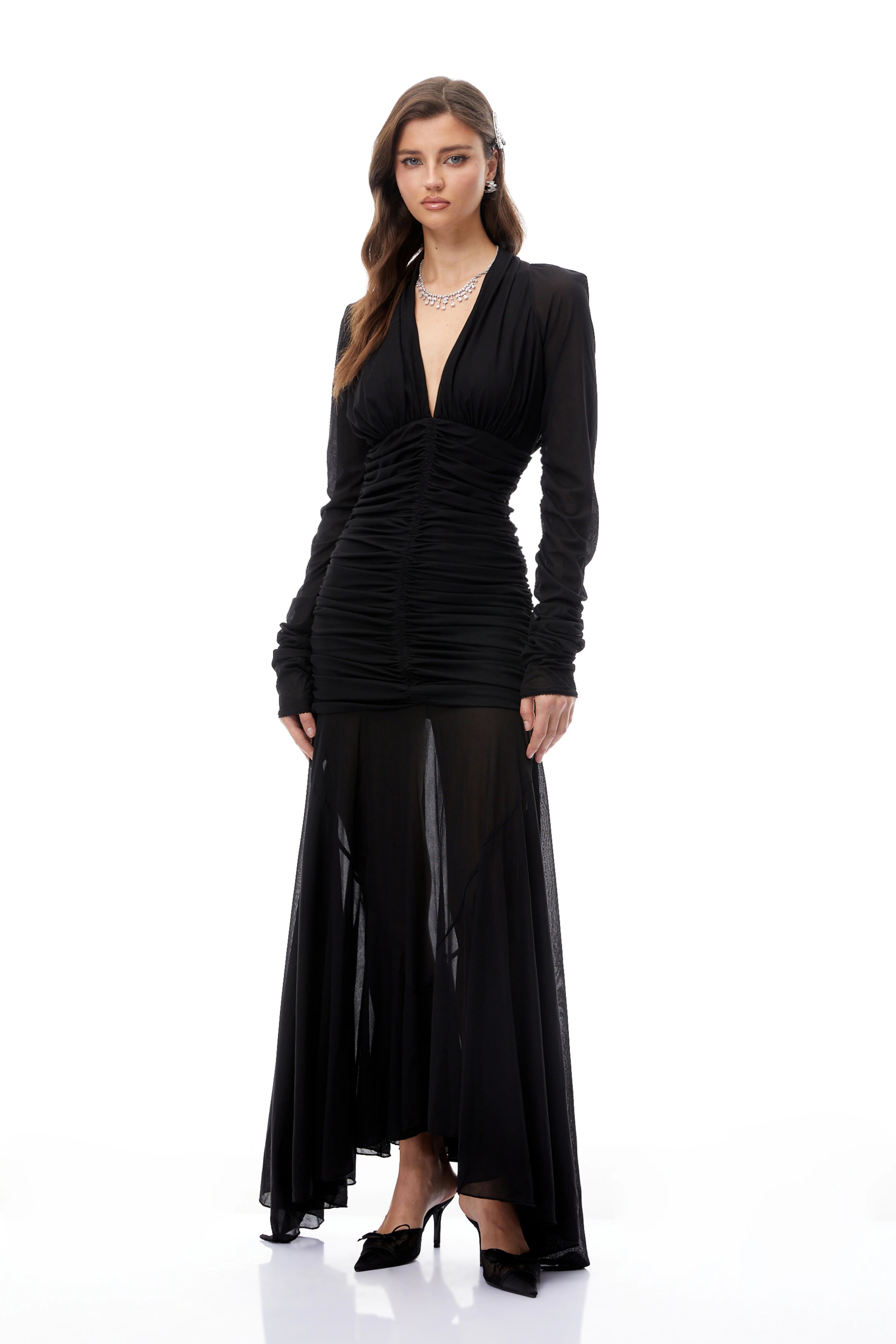 Greta Black Ruched Sheer Mesh Maxi Dress