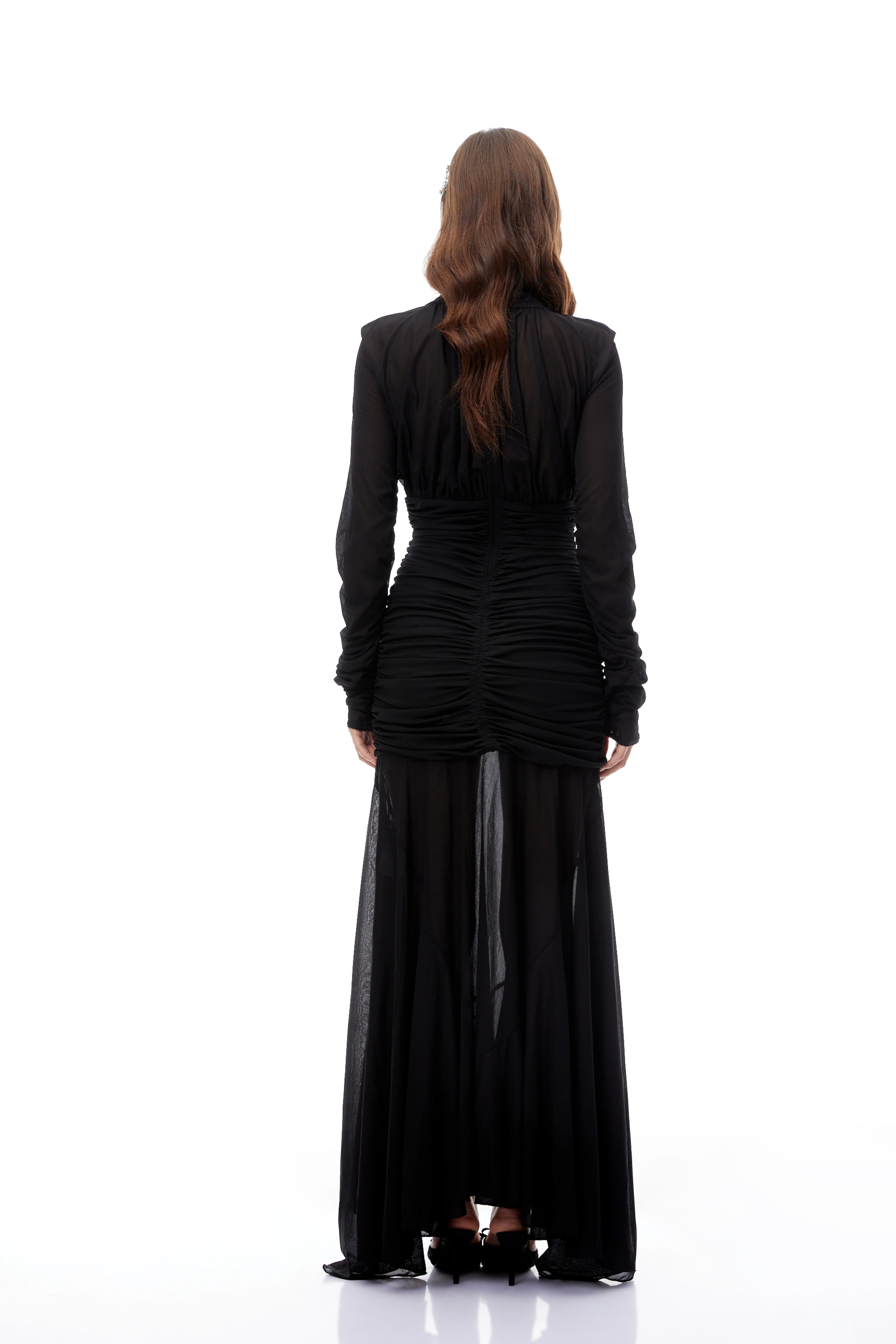 Greta Black Ruched Sheer Mesh Maxi Dress