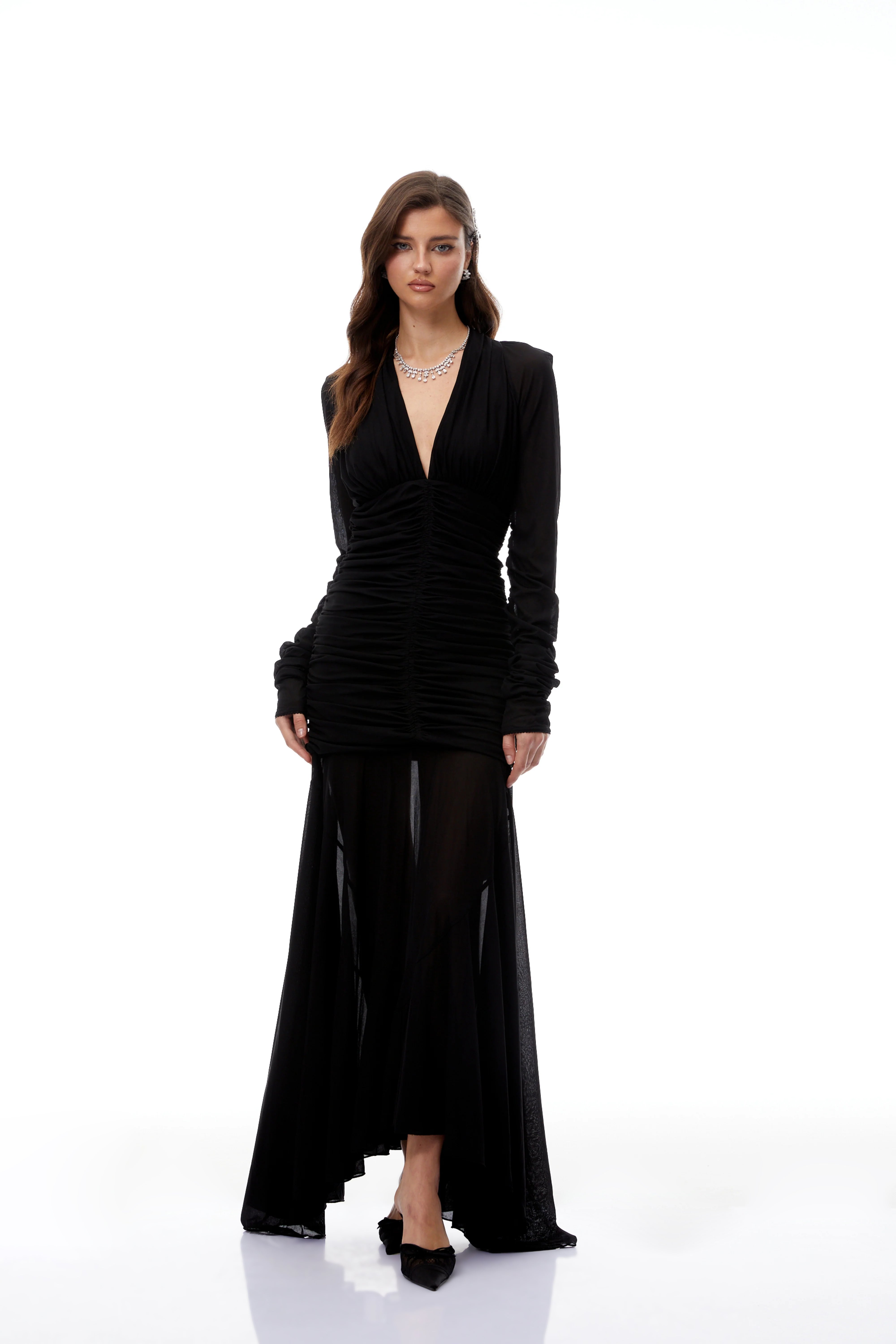 Greta Black Ruched Sheer Mesh Maxi Dress