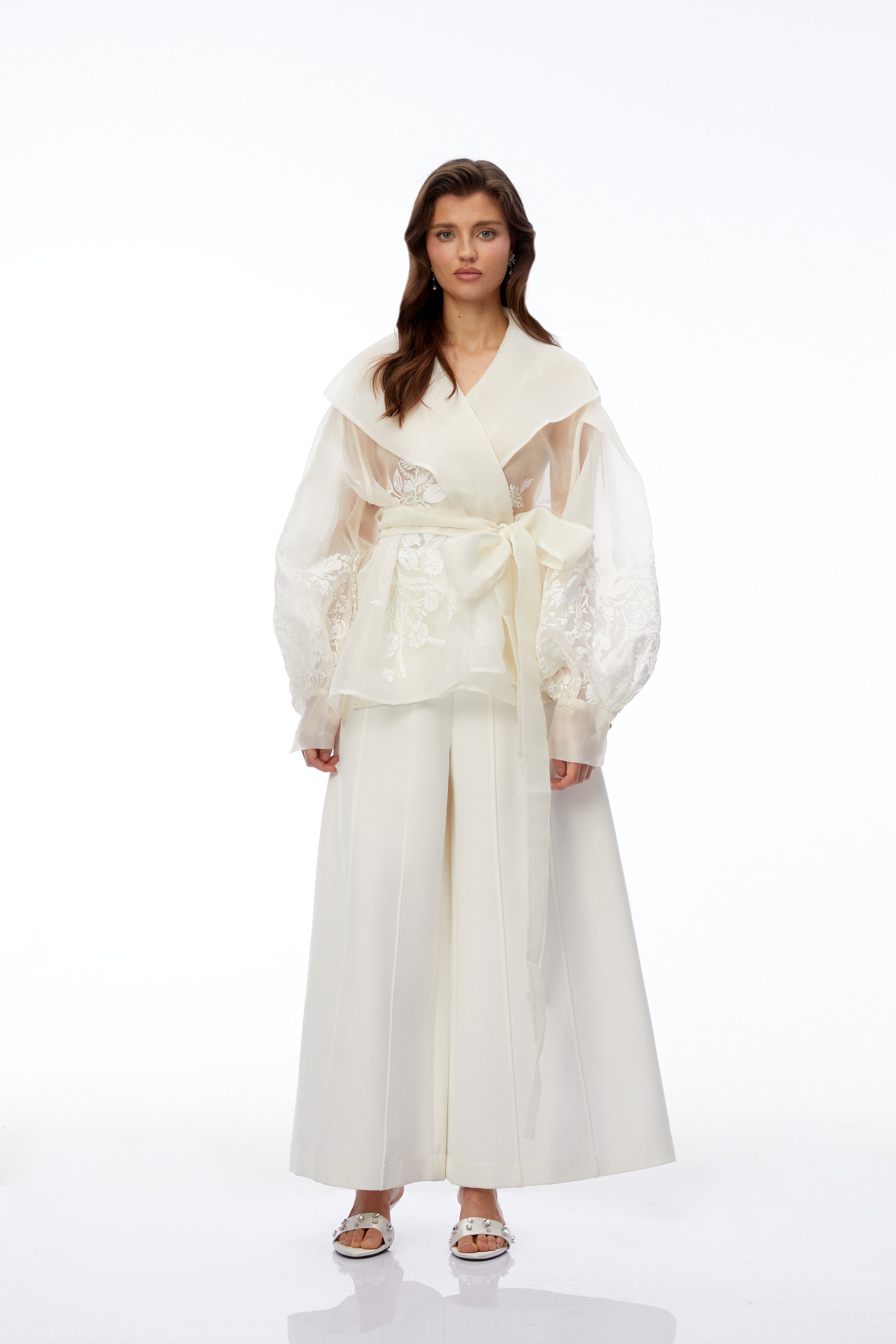Griselda Ivory Floral Embroidered Blouse with Lapel Collar