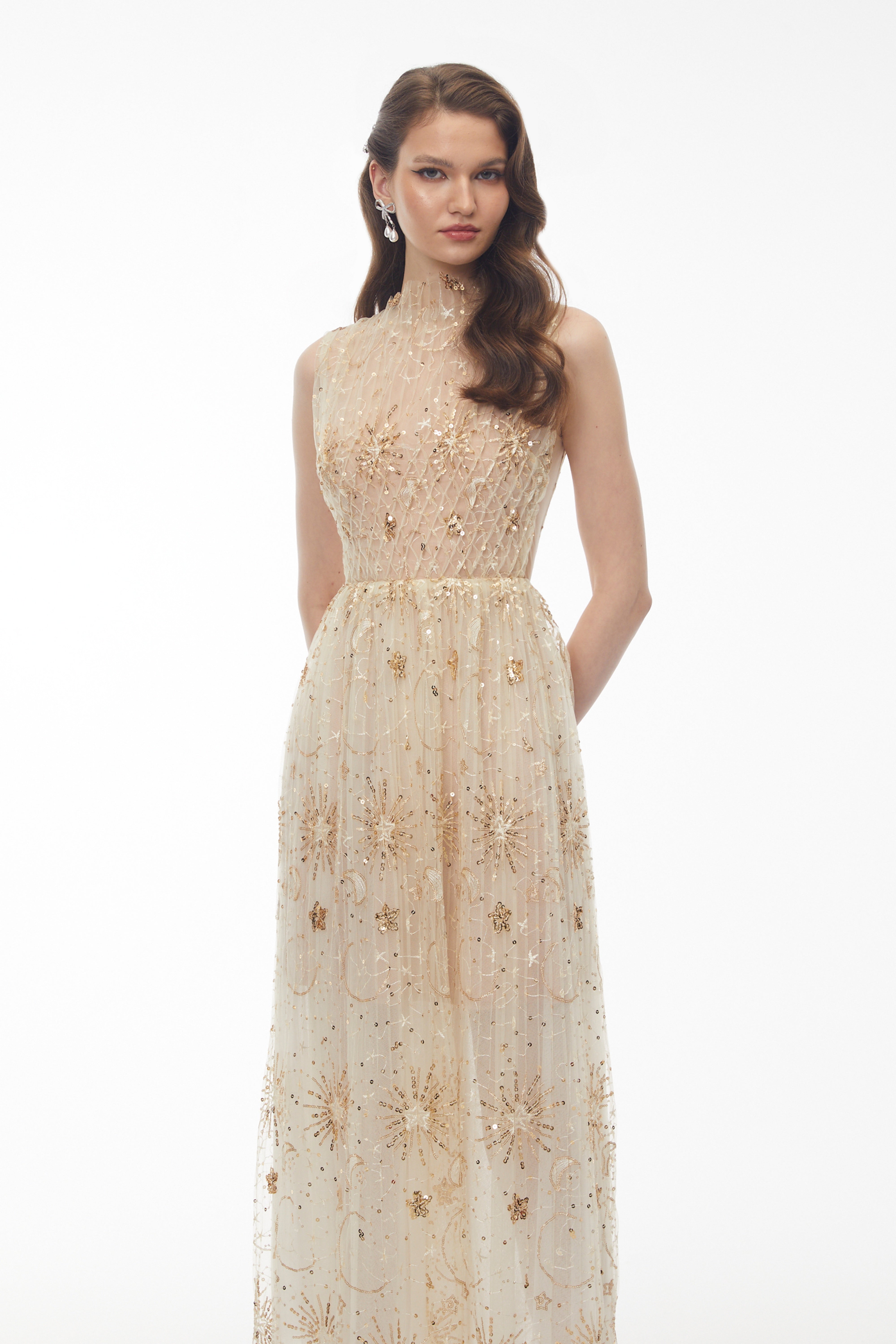 Guadalupe Champagne Sequin Ruched Maxi Dress