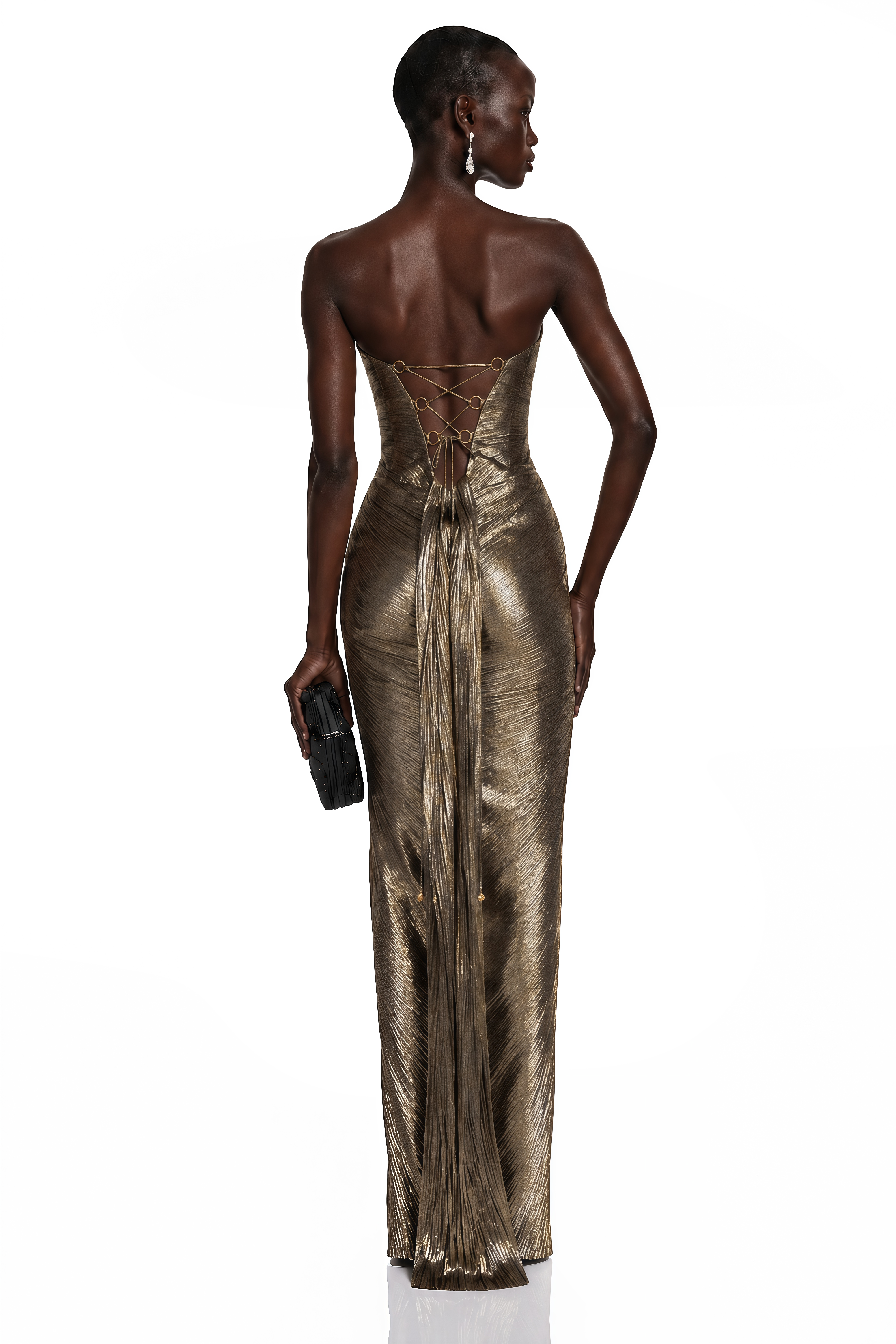 Antique gold strapless maxi dress with a plunging sweetheart neckline, pleated bodice, and a front leg slit