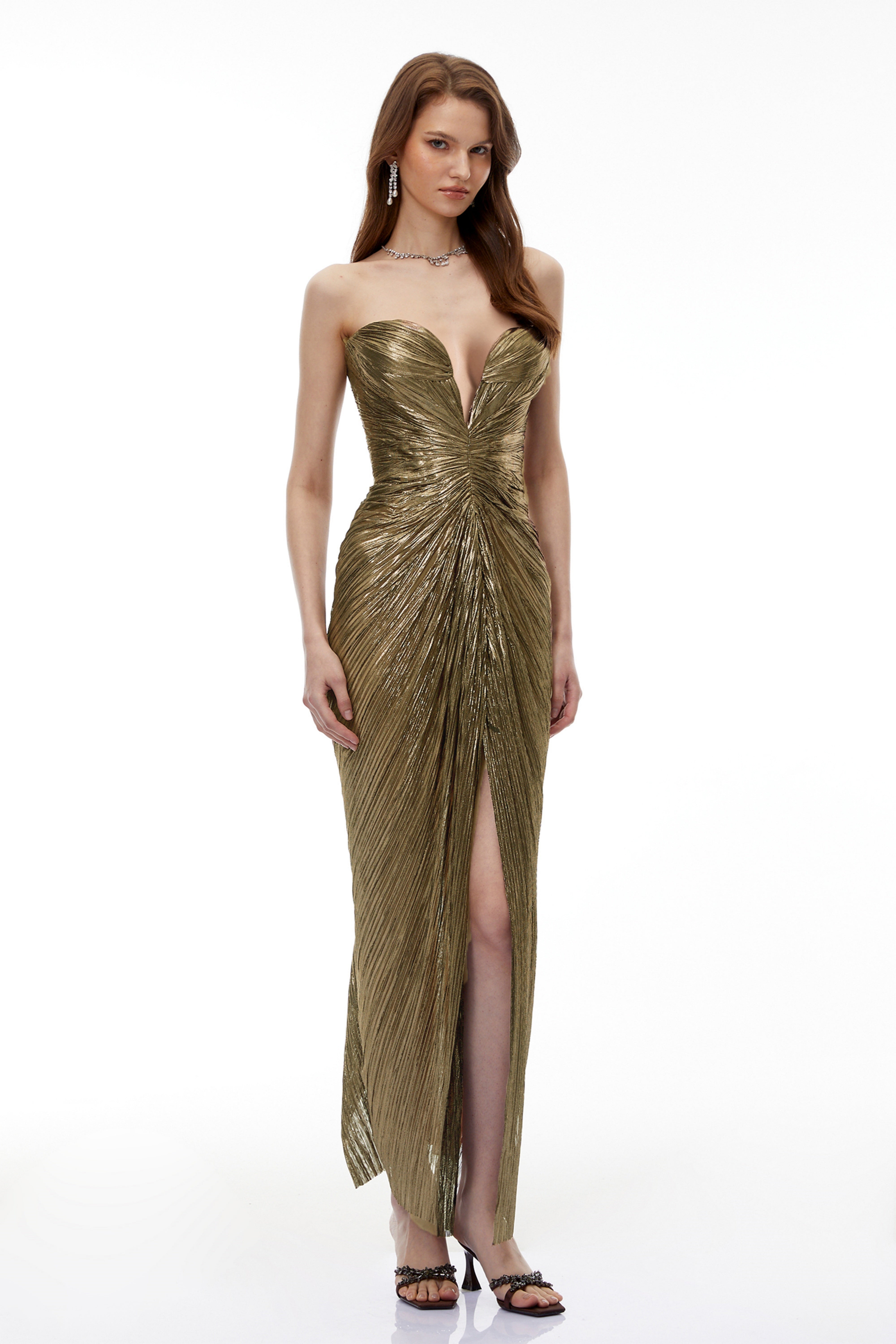 Guillermo Gold Maxikleid mit schulterfreiem Ausschnitt