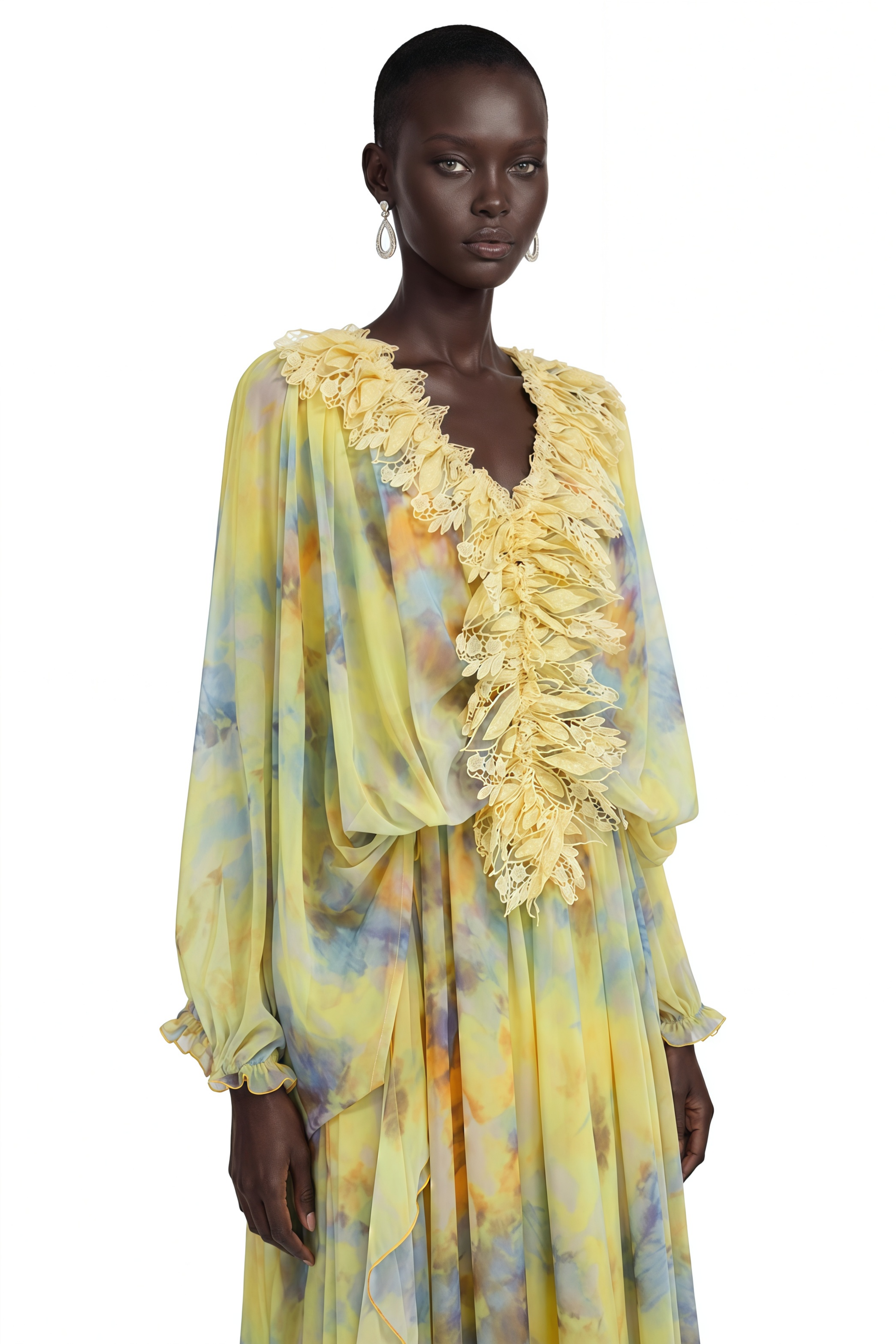 Gwendolen Yellow Floral Print Maxi Dress with Lace Trim