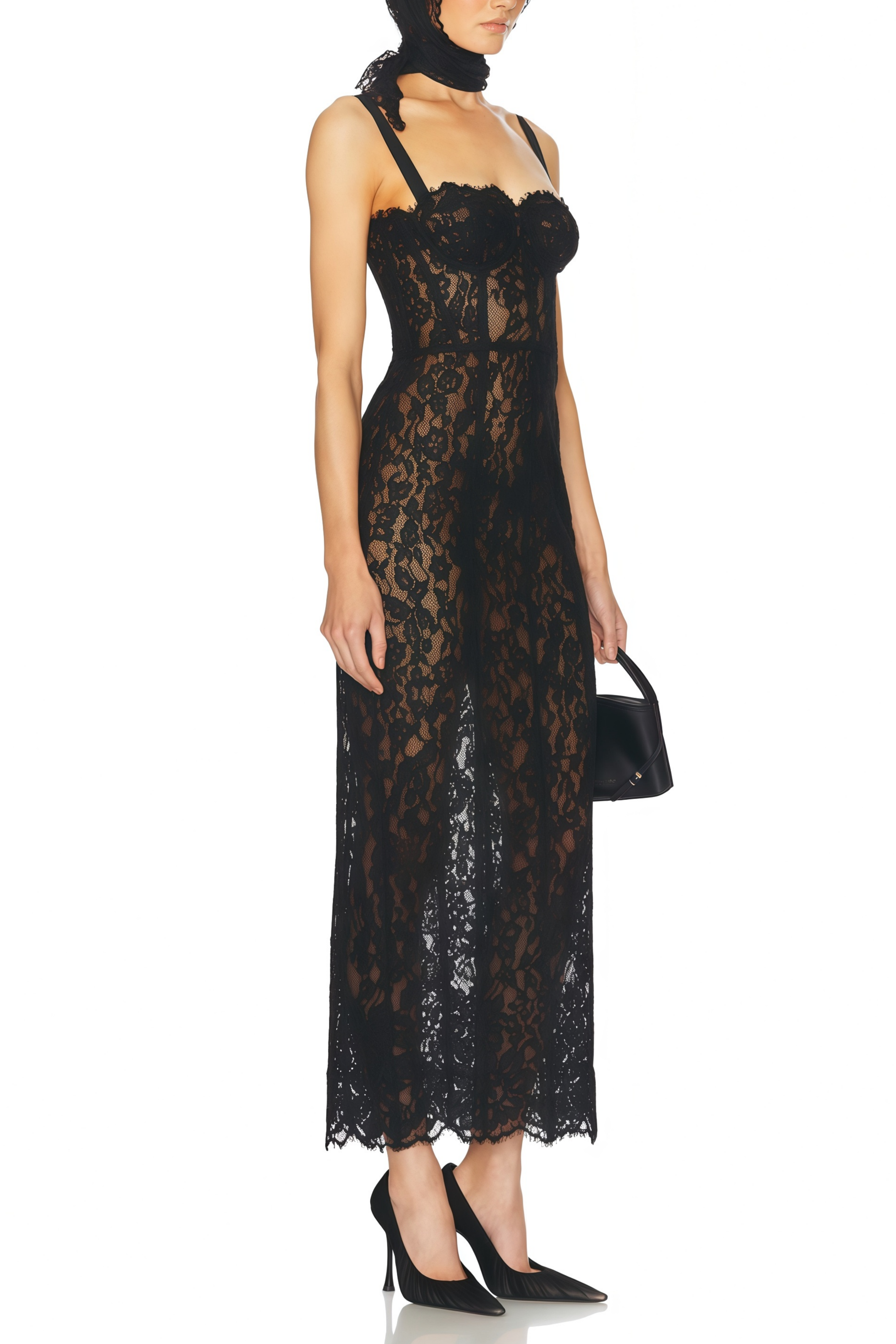 Giorgia Black Floral Lace Corset Maxi Dress