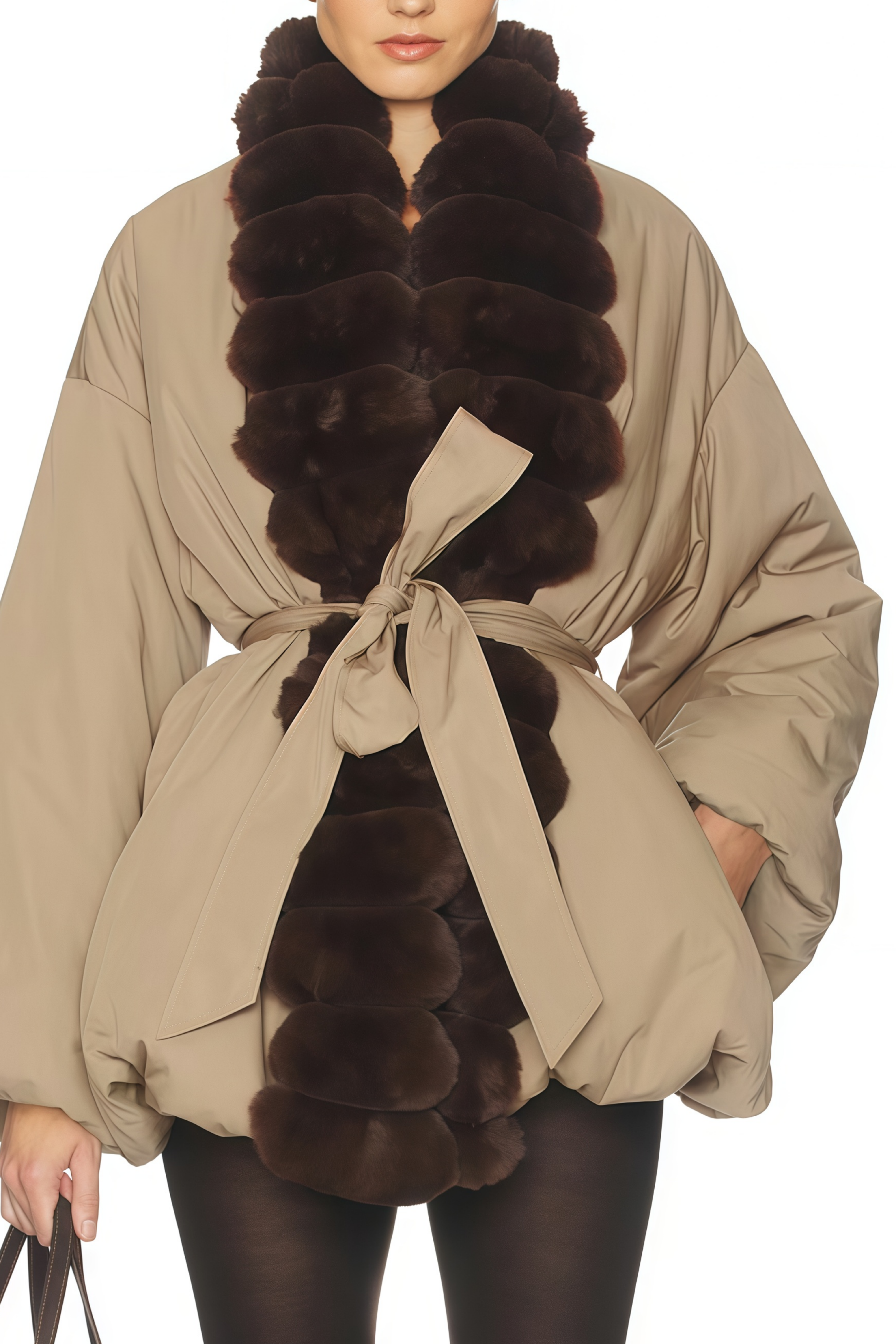 Ileana Khaki Fur Trim Bubble Down Jacket