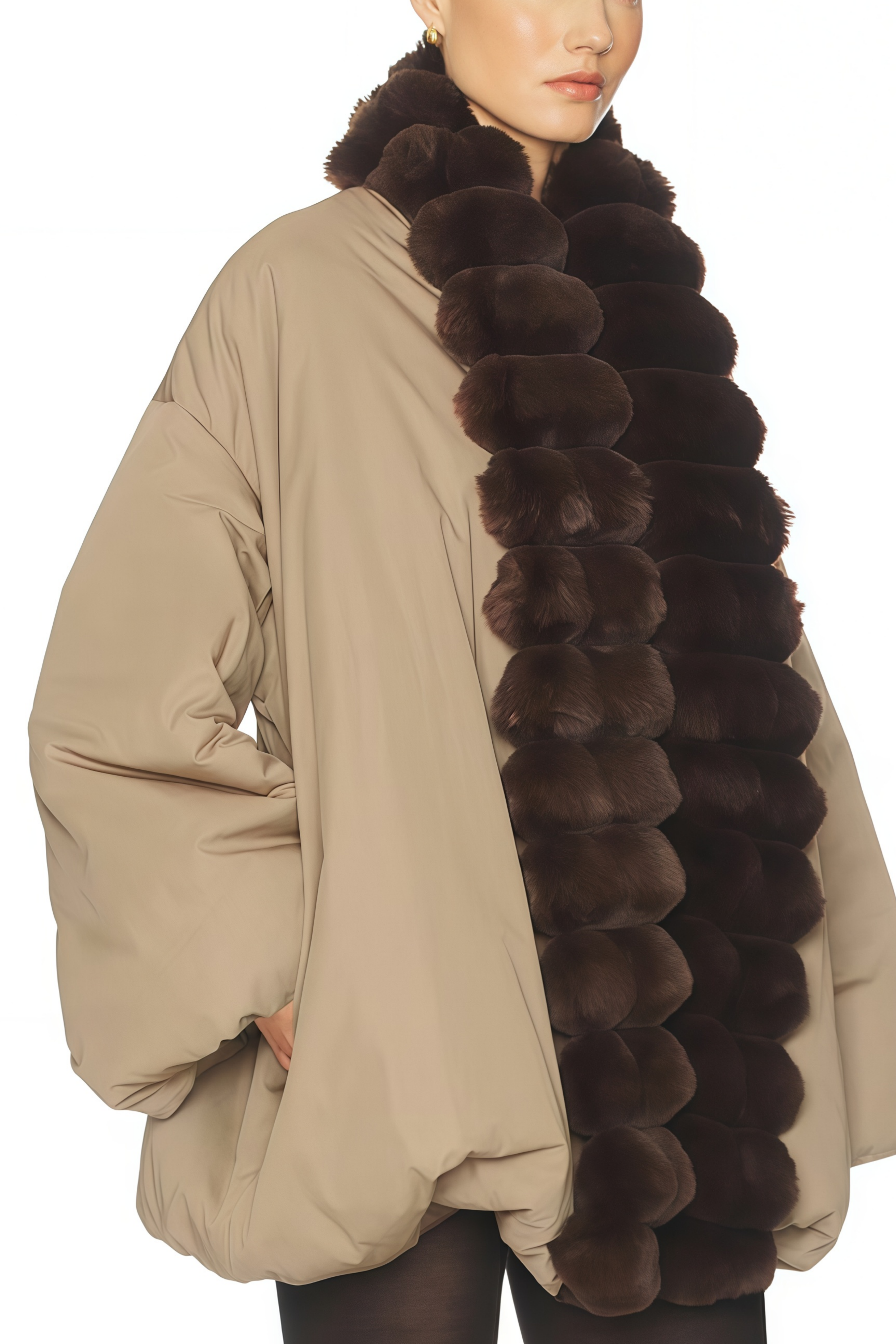 Ileana Khaki Fur Trim Bubble Down Jacket