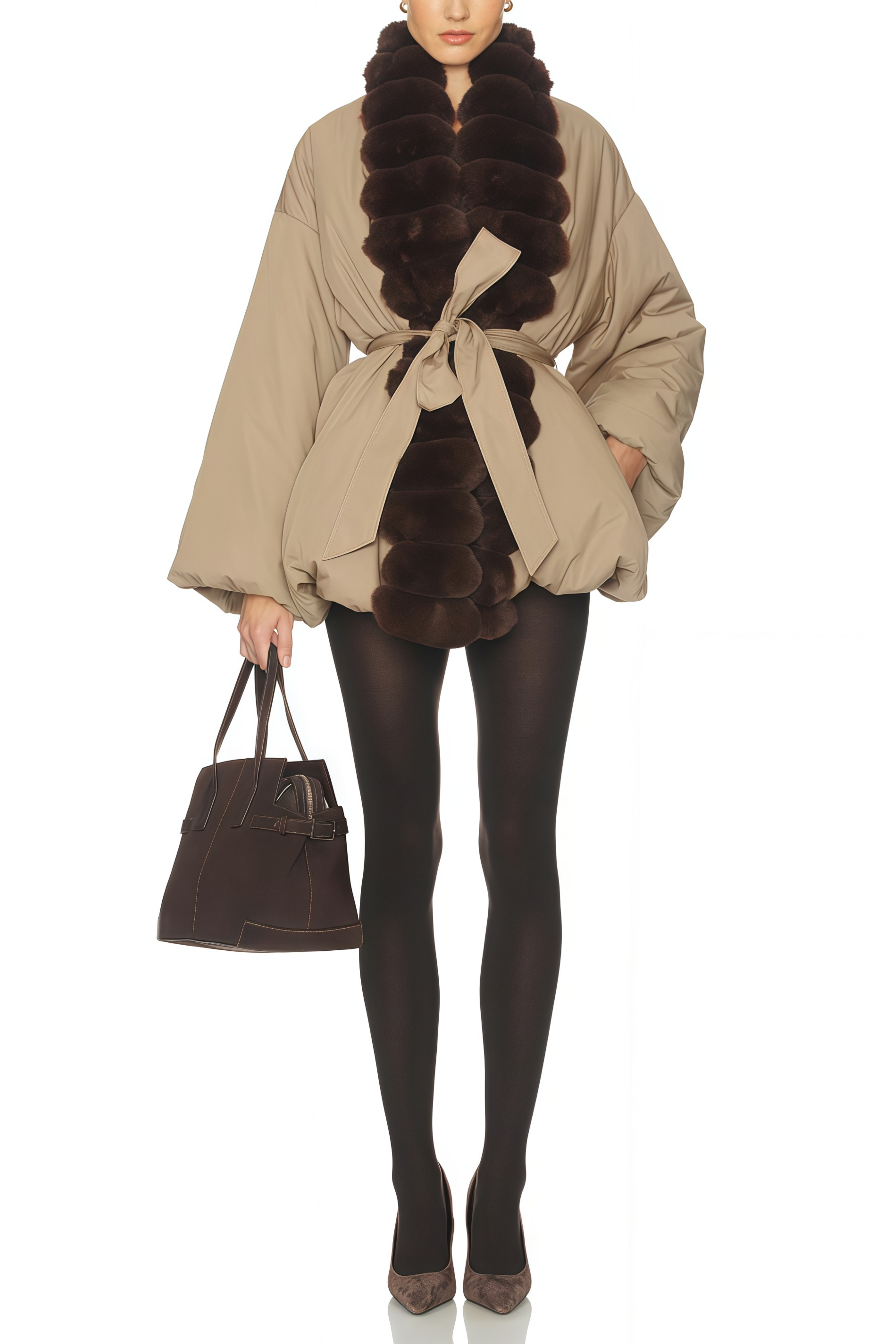 Ileana Khaki Fur Trim Bubble Down Jacket