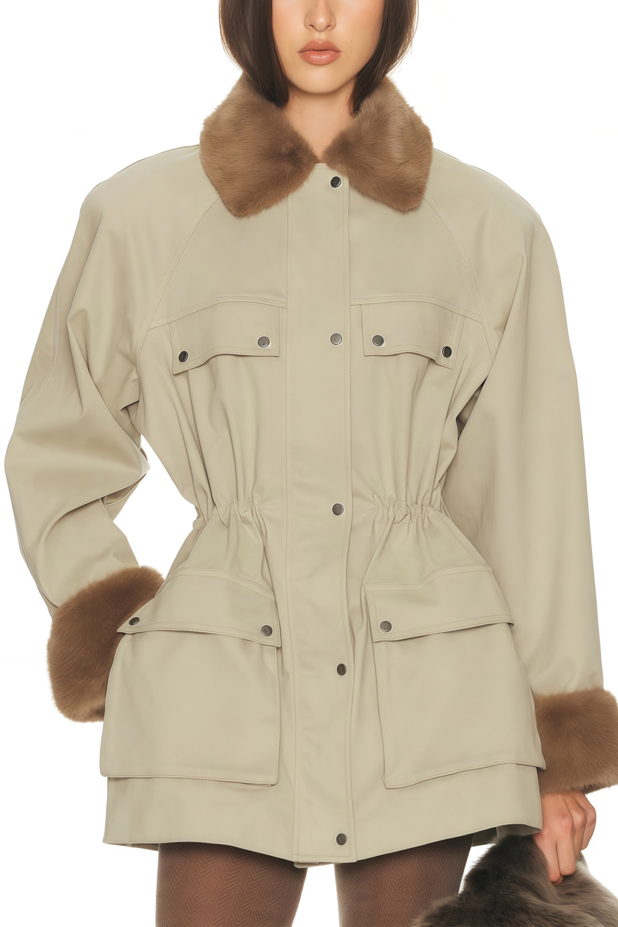 Haven Neutral Faux-Fur Trim Balmoral Jacket