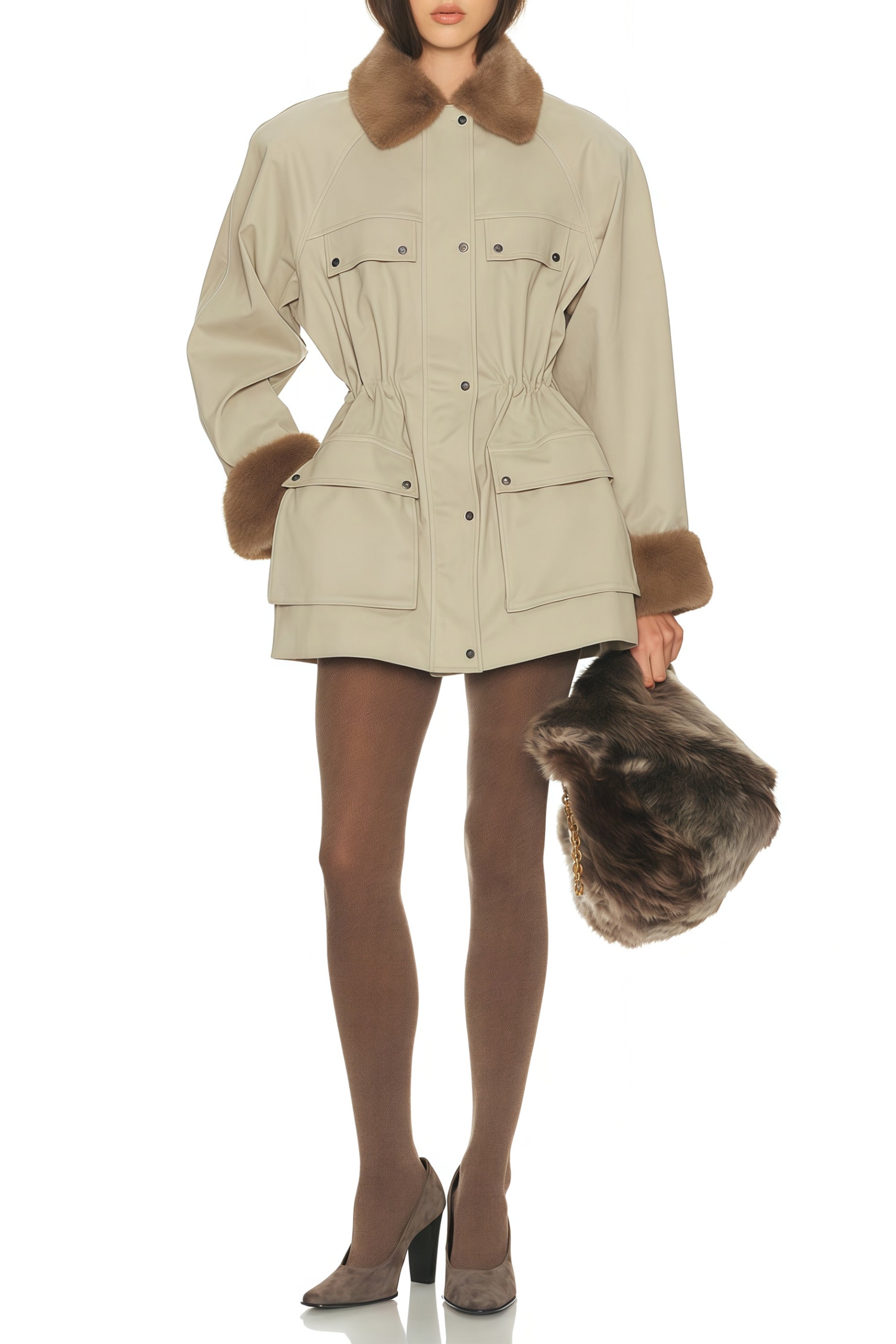 Haven Neutral Faux-Fur Trim Balmoral Jacket