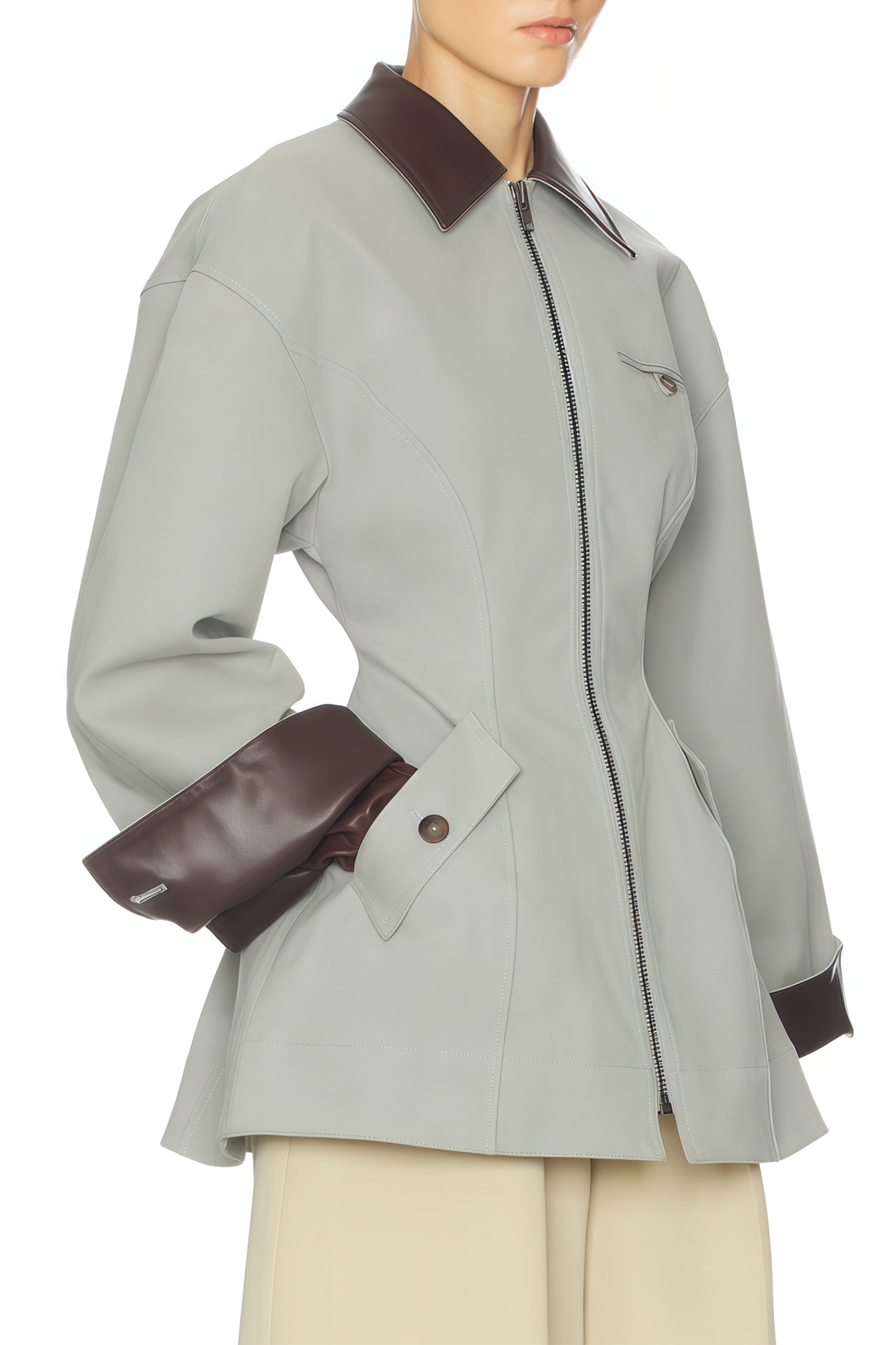 Vilma Grey Faux Leather Collar Hunting Jacket