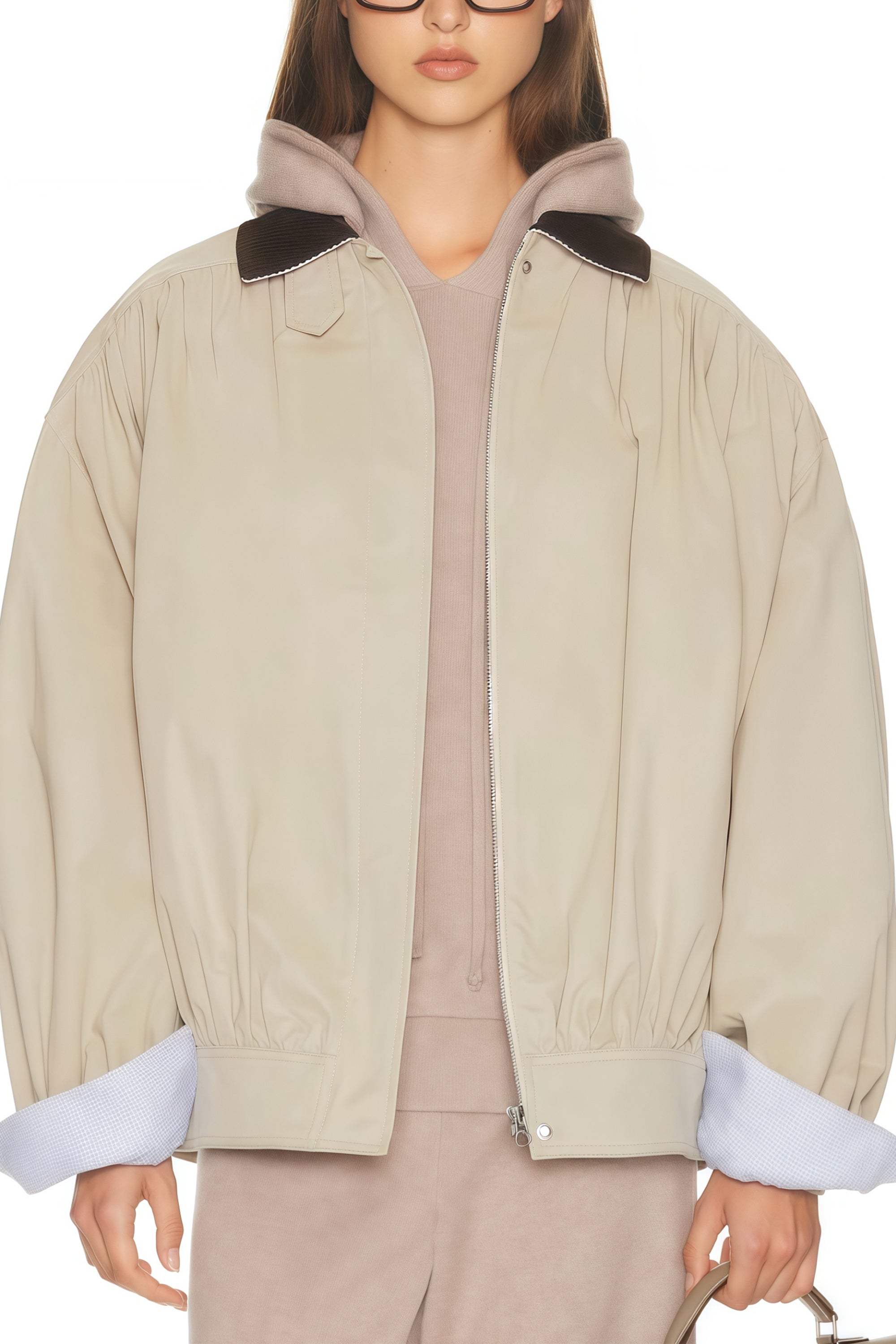 Alessa Neutral Corduroy Panel Bomber Jacket