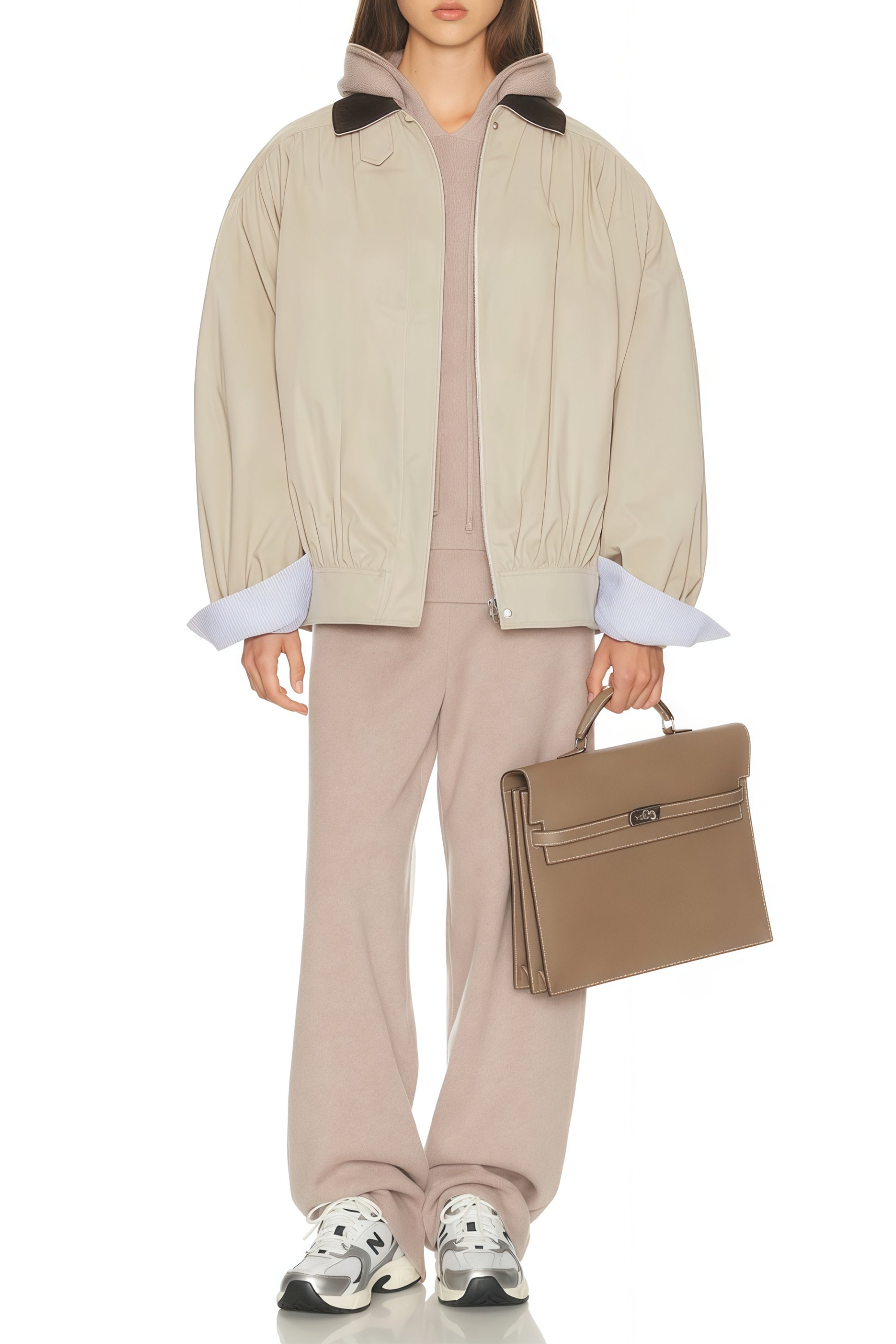 Alessa Neutral Corduroy Panel Bomber Jacket
