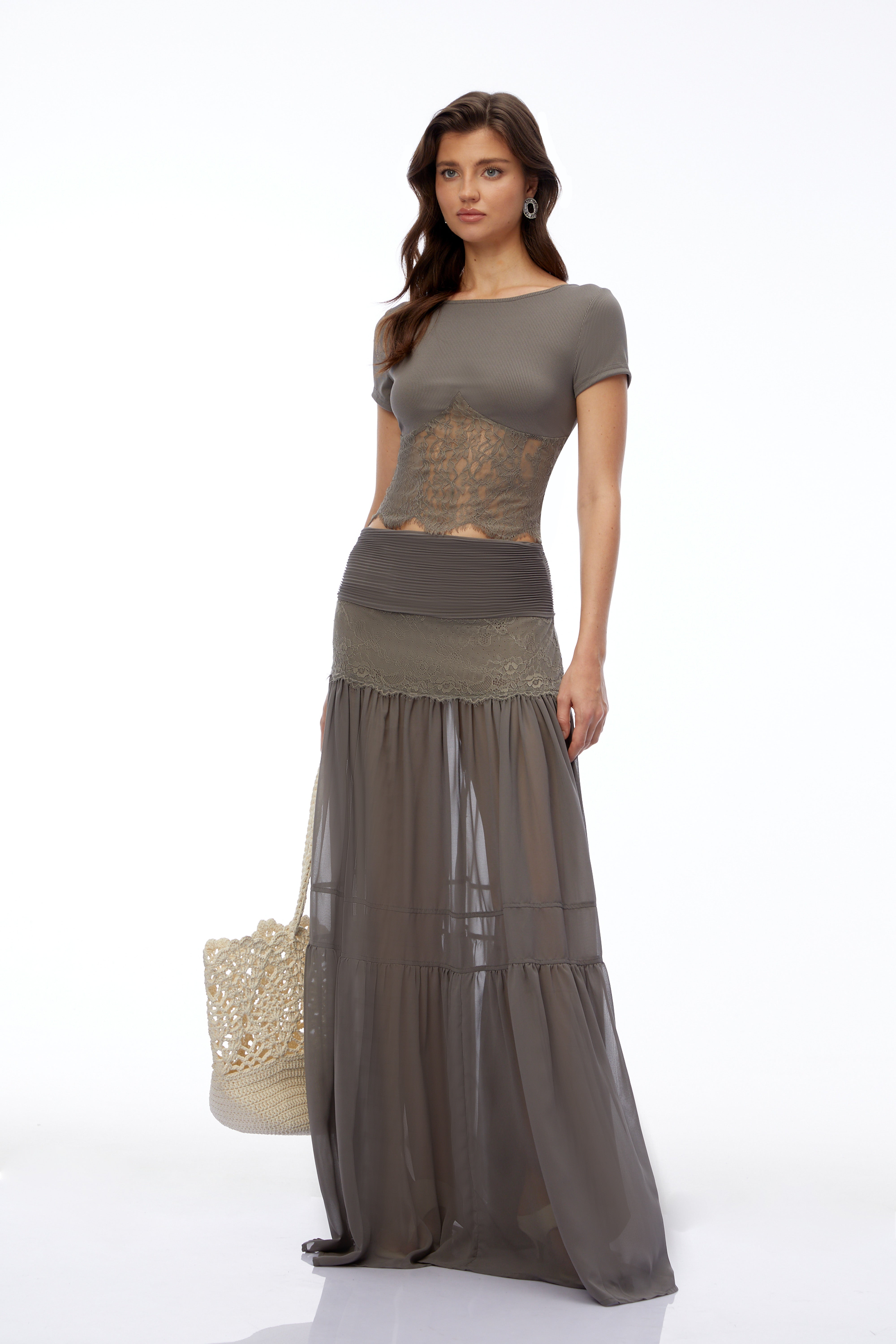 Haast Grey Knit Top & Lace Panel Skirt Set