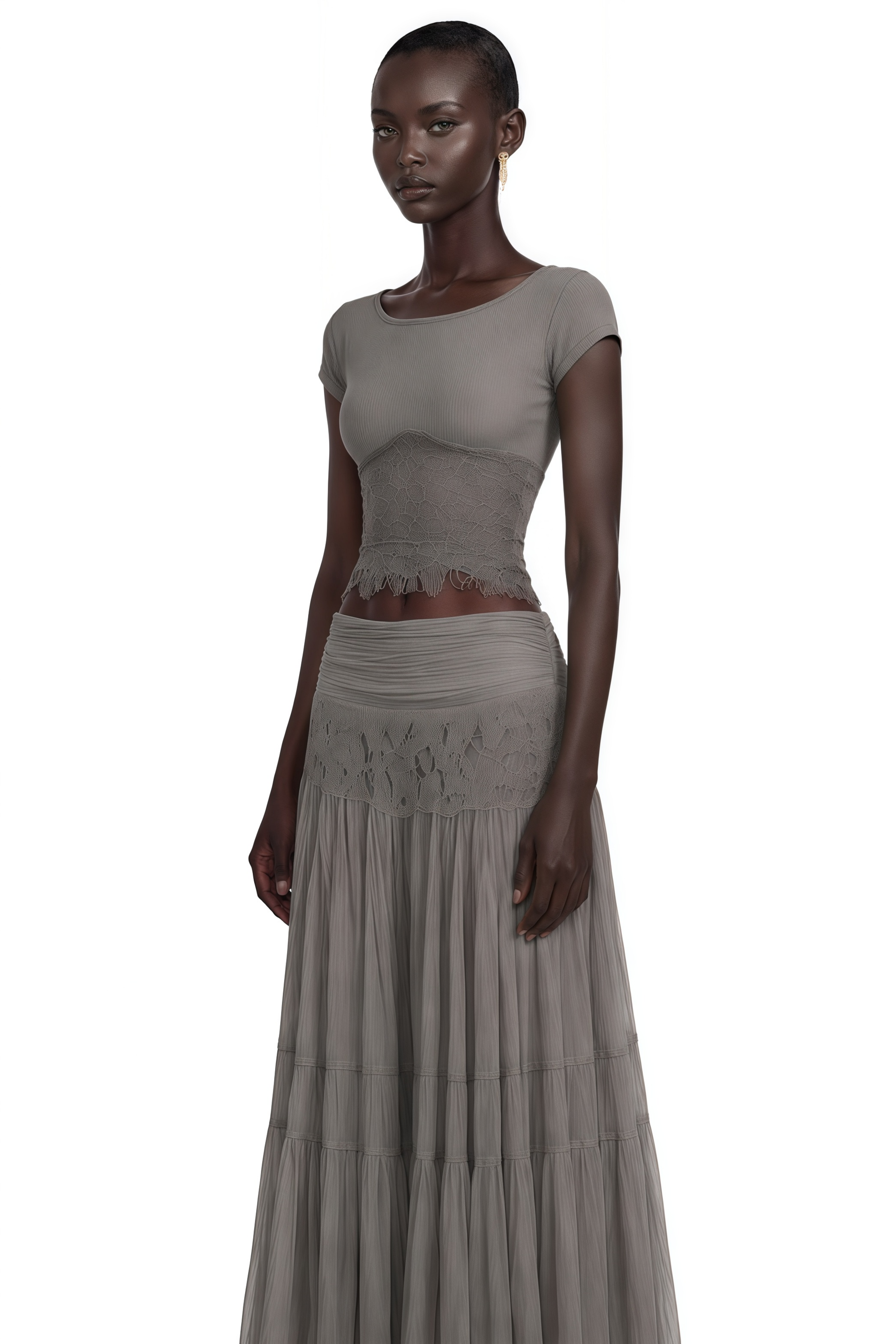 Haast Grey Knit Top & Lace Panel Skirt Set