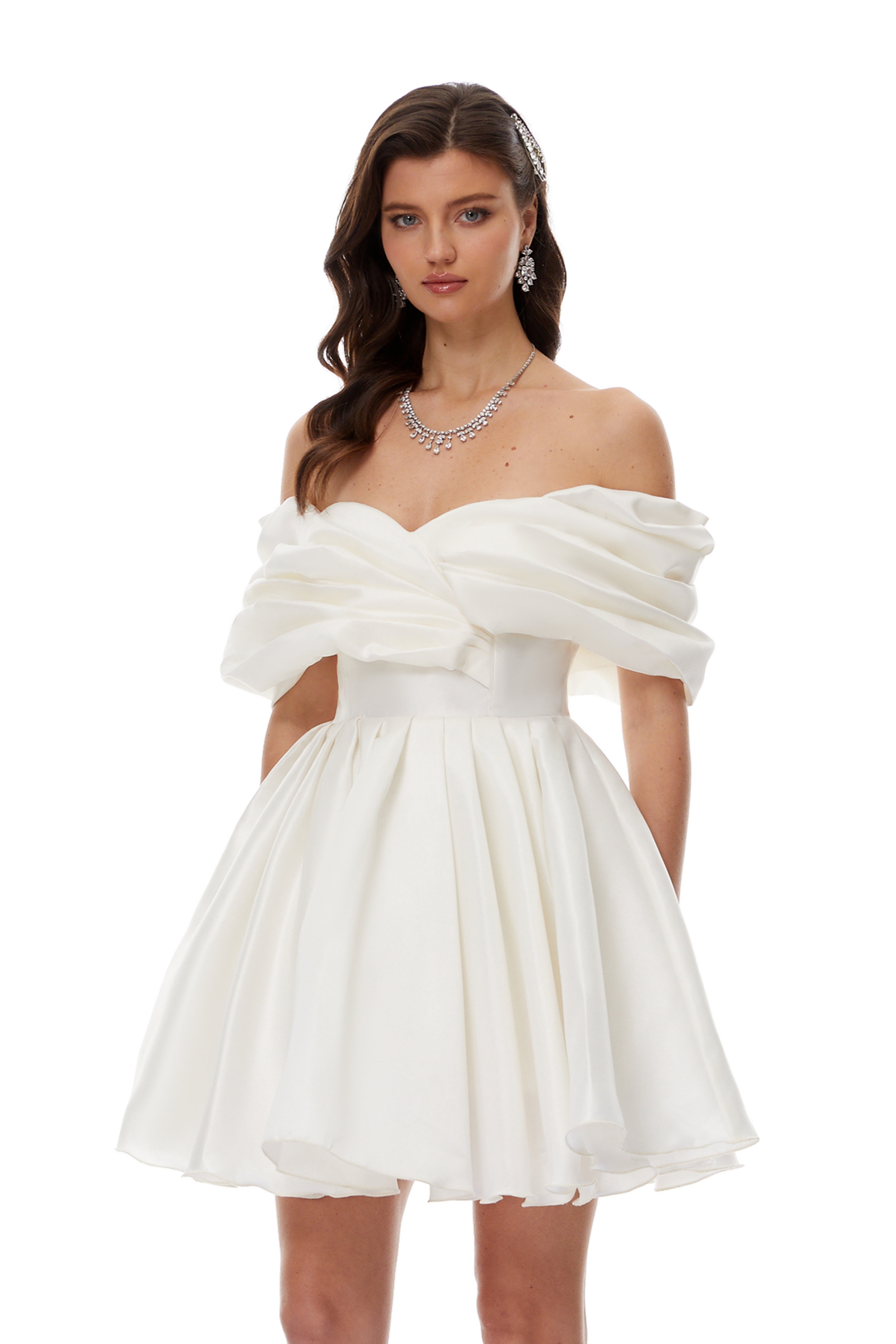 Halina White Off Shoulder Ruched Mini Dress