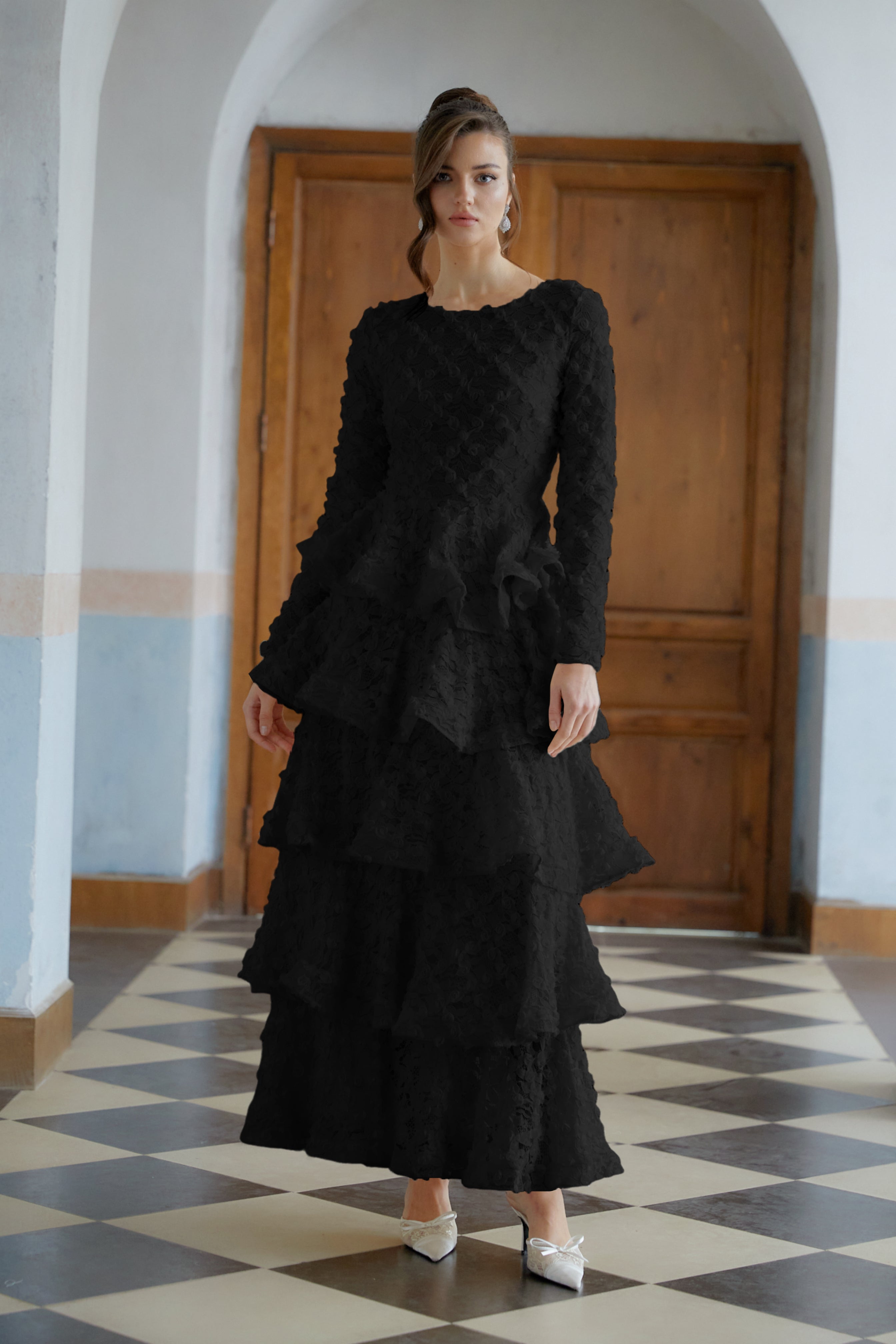Halla Black Tiered Floral Lace Maxi Dress