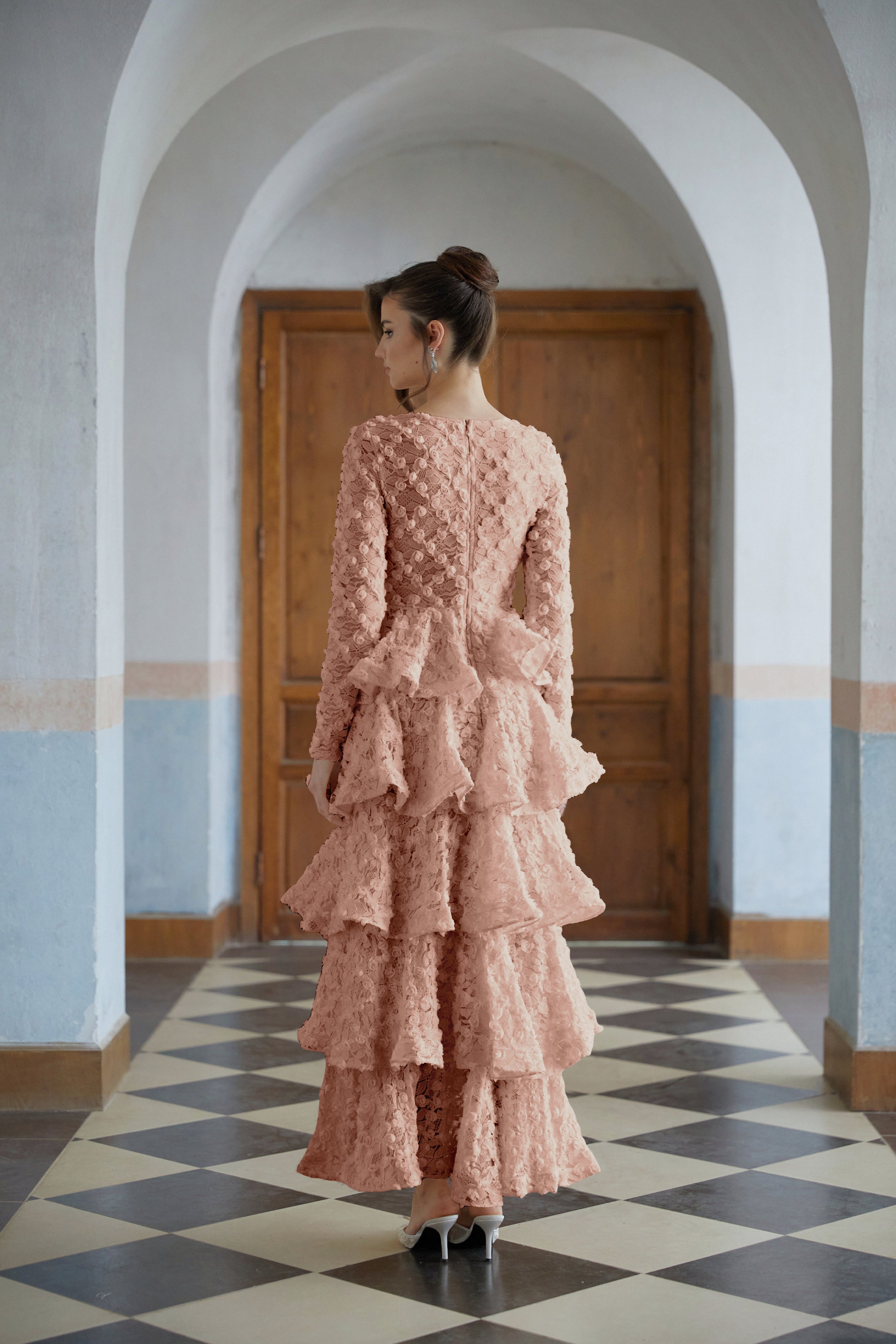 Halla Pink Tiered Floral Lace Maxi Dress